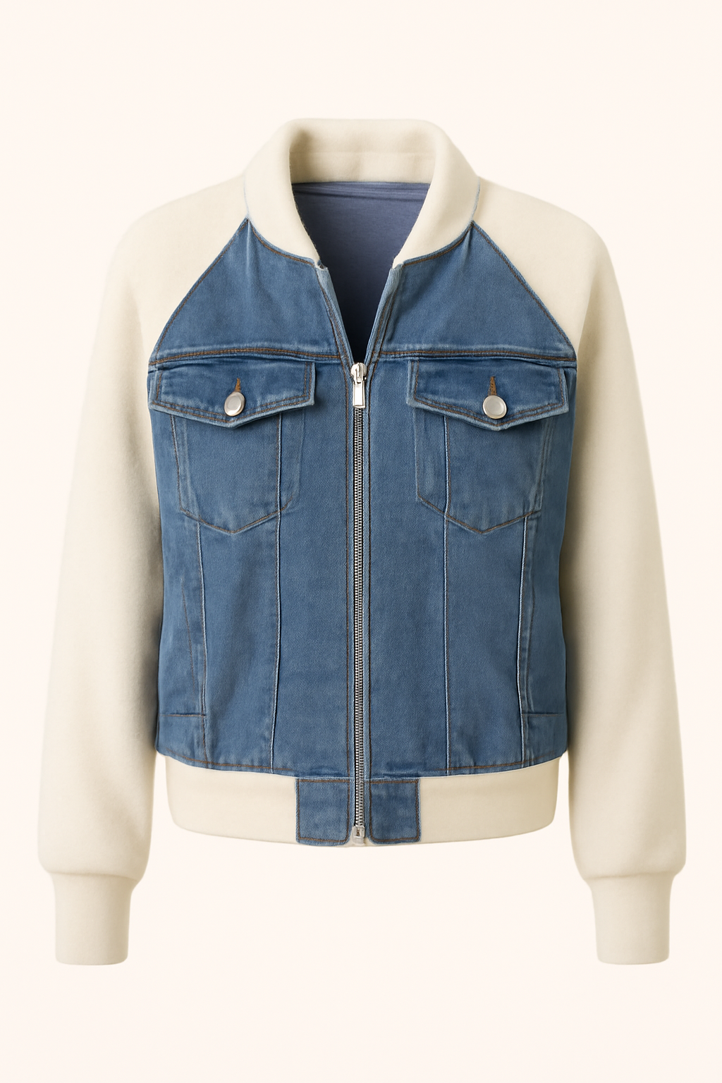 Lucy | Giacca in denim color-block alla moda con comode maniche in maglia - Blu - Jackets & Coats Outerwear & Jackets vrouwentops Women jackets - Concept Palermo
