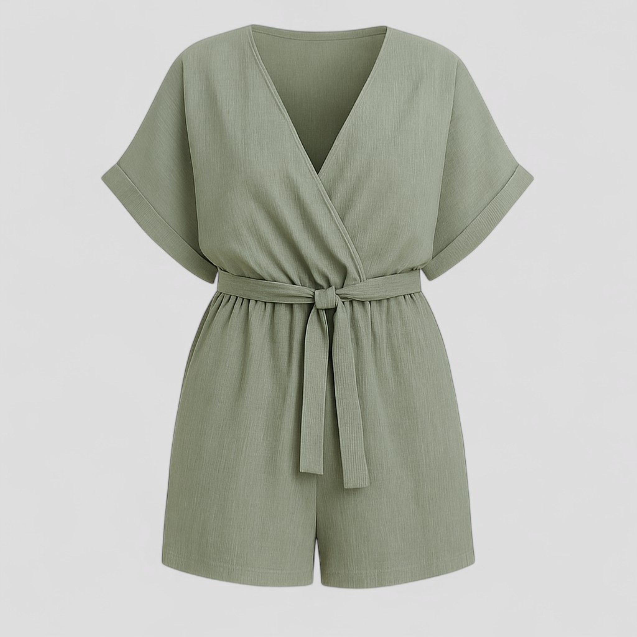Martina | Jumpsuit Estivo in Lino per Donna - Verde - abbigliamento estivo cintura in vita design raffinato elegante forte freschezza lino look casual maniche corte occasioni informali playsuit estivo versatile - Concept Palermo