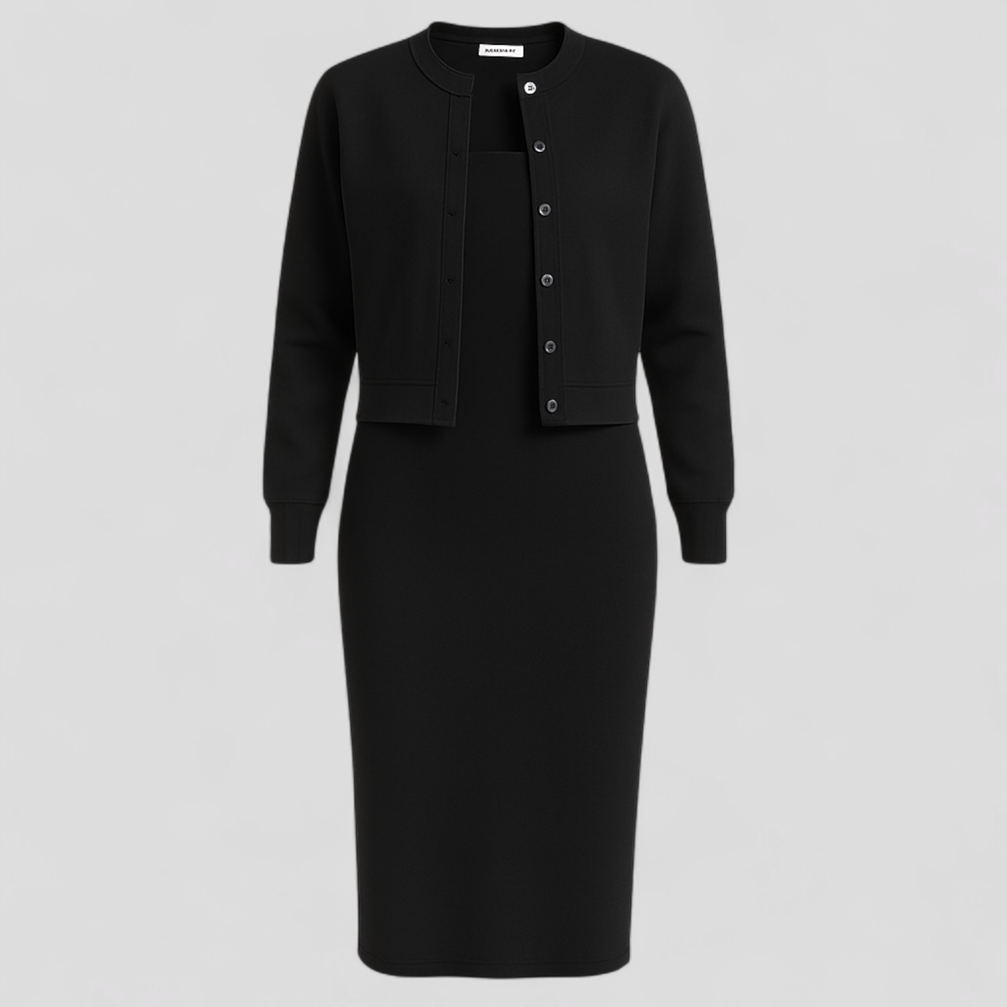 Acadia | Abito Midi Elegante con Cardigan Abbinato - Nero - abbigliamento casual abito midi abito versatile cardigan elegante moda femminile outfit formale stile comodo tessuto di alta qualità - Concept Palermo