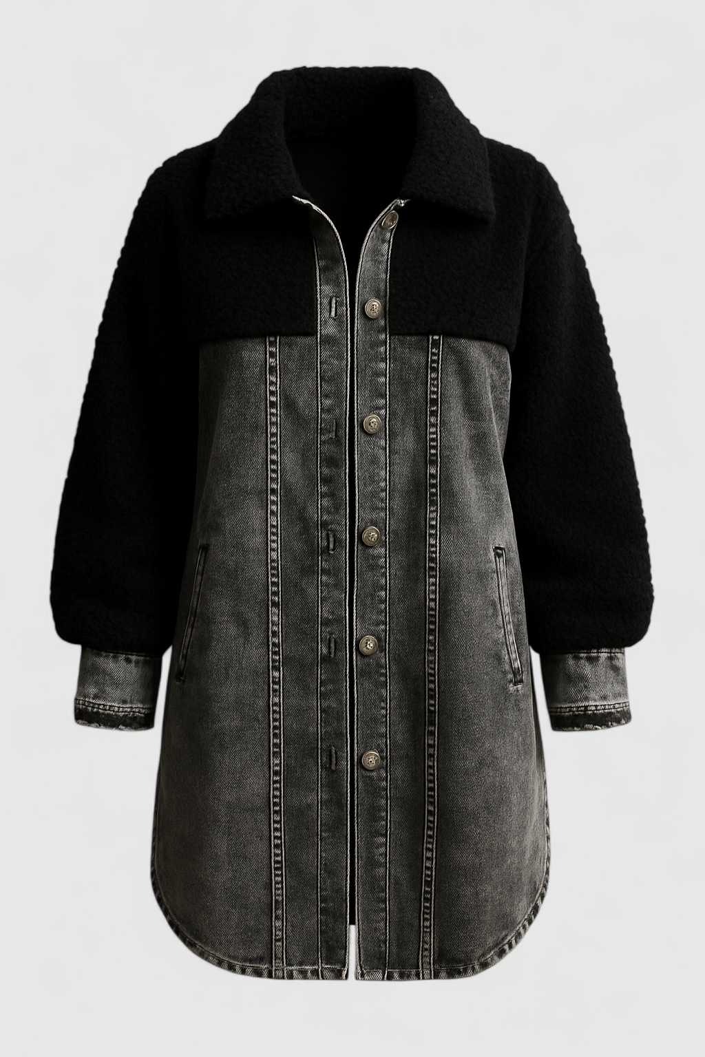 Olli | Giacca Denim Lunga con Fodera in Sherpa Donna - Nero - abbigliamento autunnale denim per uomo fodera sherpa giacca calda giacca comoda giacca con tasche giacca denim giacca lunga giacca primavera giacca versatile stile casual - Concept Palermo