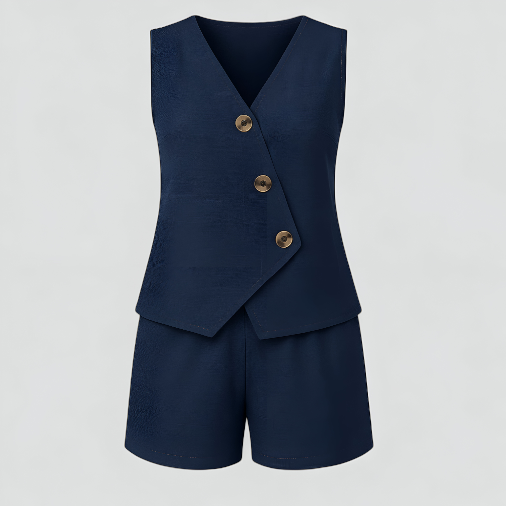 Aiko | Set Donna Elegante con Top a V e Pantaloni Corti - Blu scuro - abbigliamento estivo abbigliamento per tempo libero design versatile moda comoda outfit casual pantaloni corti set due pezzi set elegante tessuto traspirante top a V - Concept Palermo