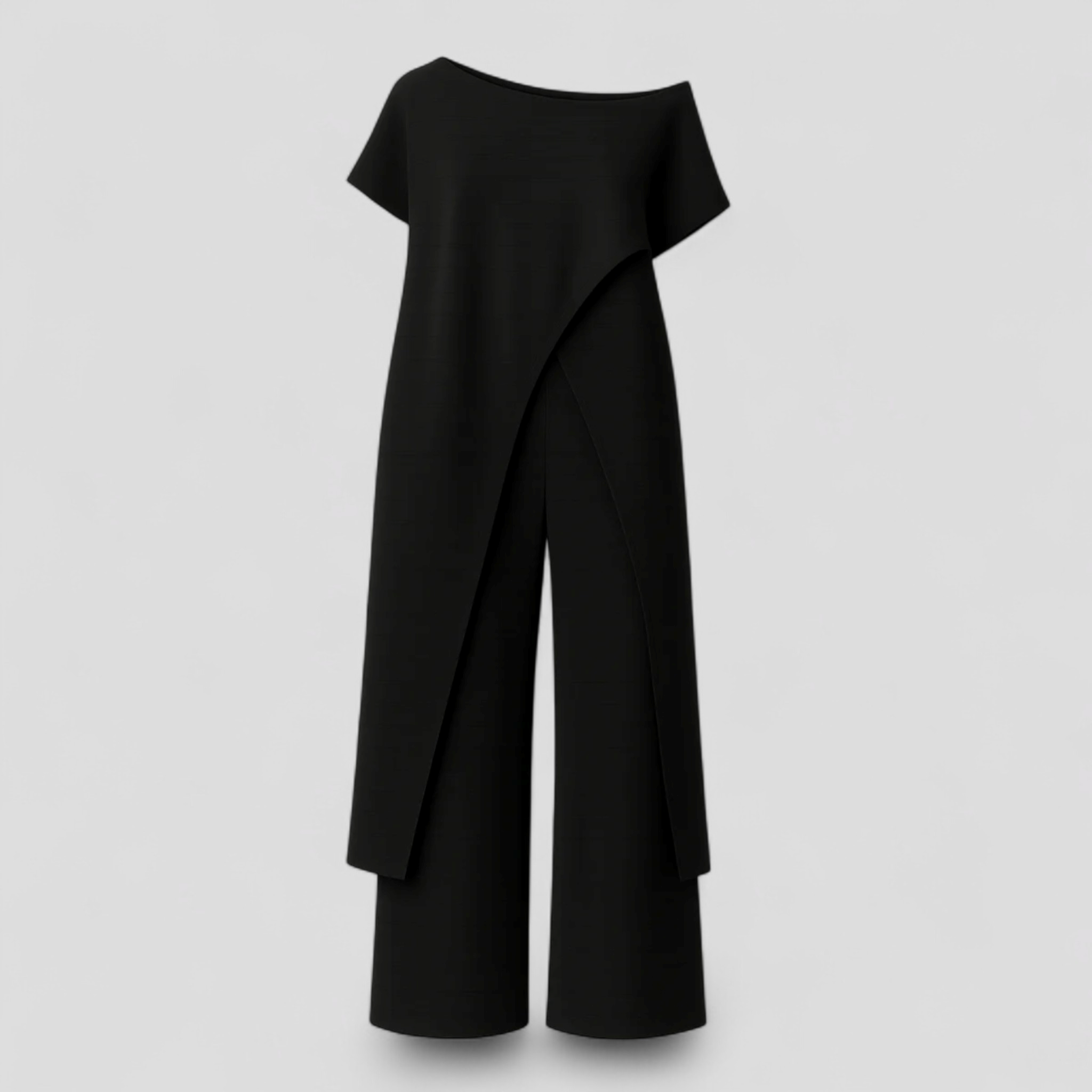Anouk | Completo Elegante Donna Top e Pantaloni - Nero - abbigliamento femminile look moderno materiale leggero outfit estivo pantaloni di moda set coordinato set elegante stile versatile top asimmetrico top senza spalline - Concept Palermo
