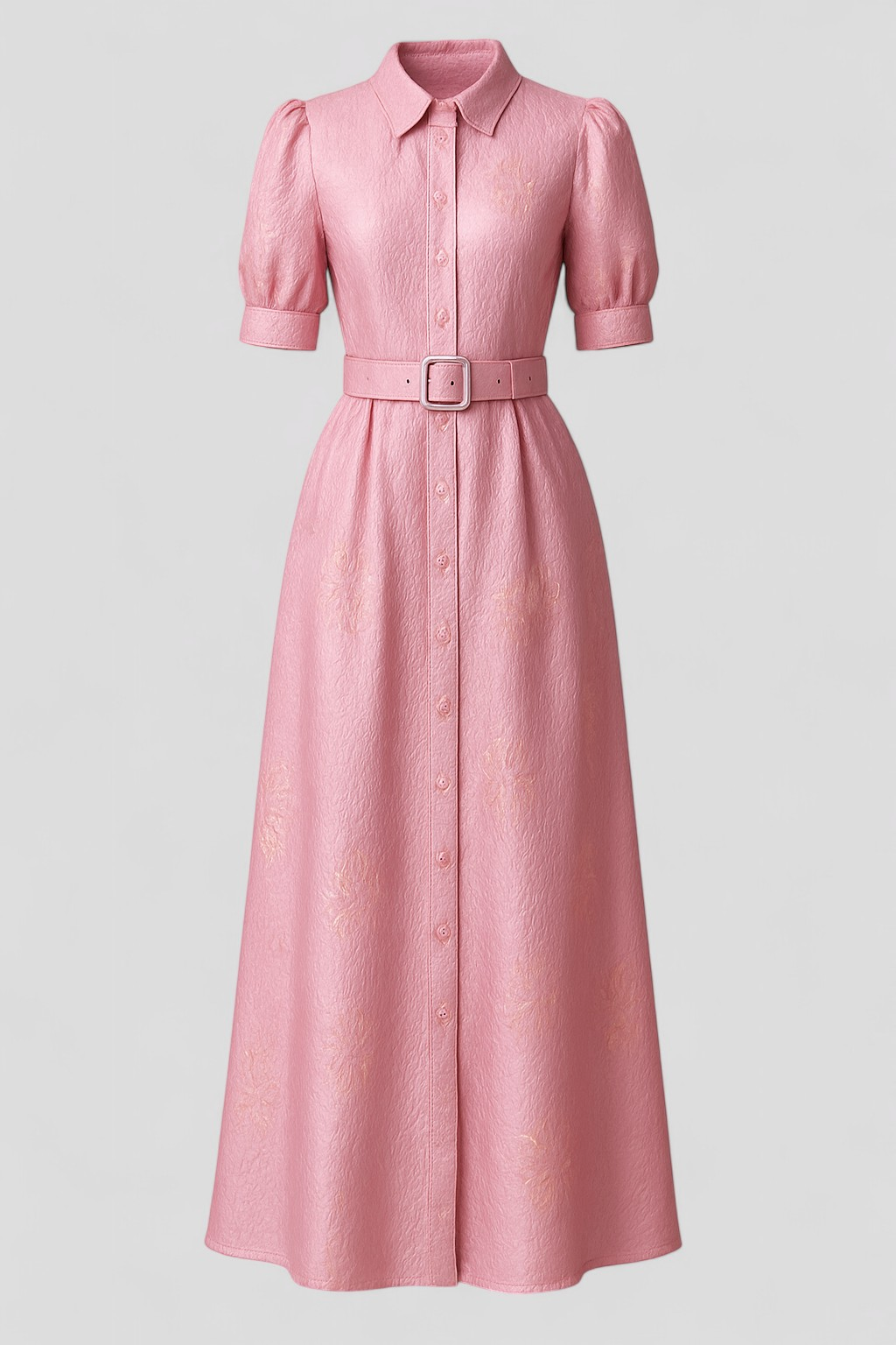 Aurelia | Abito Camicia Lungo Rosa in Jacquard con Fiori e Cintura Coordinata - Rosa pastello - casual dresses DRESS Dresses female dress - Concept Palermo