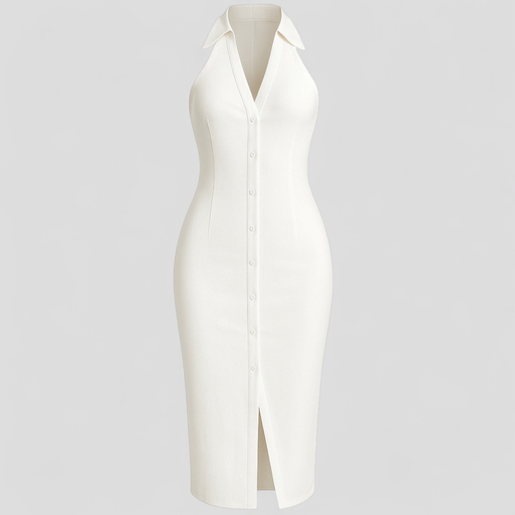 Amanda | Abito Lungo Elegante con Fessura Laterale - Bianco - abito lungo elegante abito senza maniche design elegante fessura laterale materiale confortevole stile e comfort taglie disponibili S M L XL vestito casual per serate vestito con scollo a revers vestito per eventi formali - Concept Palermo