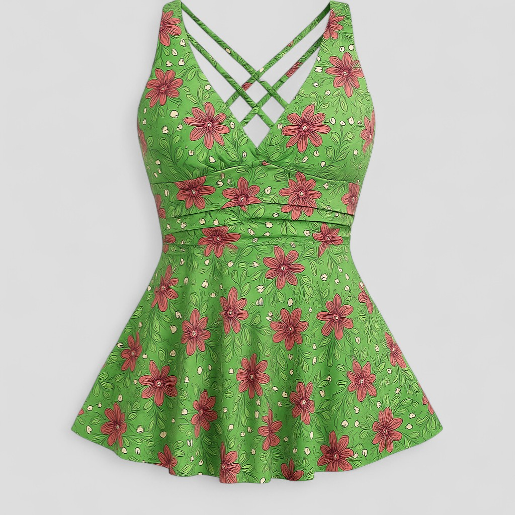 Leticia | Costume da Bagno Estivo con Gonnellino Donna - Verde - beachwear femminile costume da bagno estivo costume da piscina costume da spiaggia eleganti costume donna con spalline costume vivace stampa fashion estivo gonnellino da bagno moda costumi estate stile gonnellino - Concept Palermo