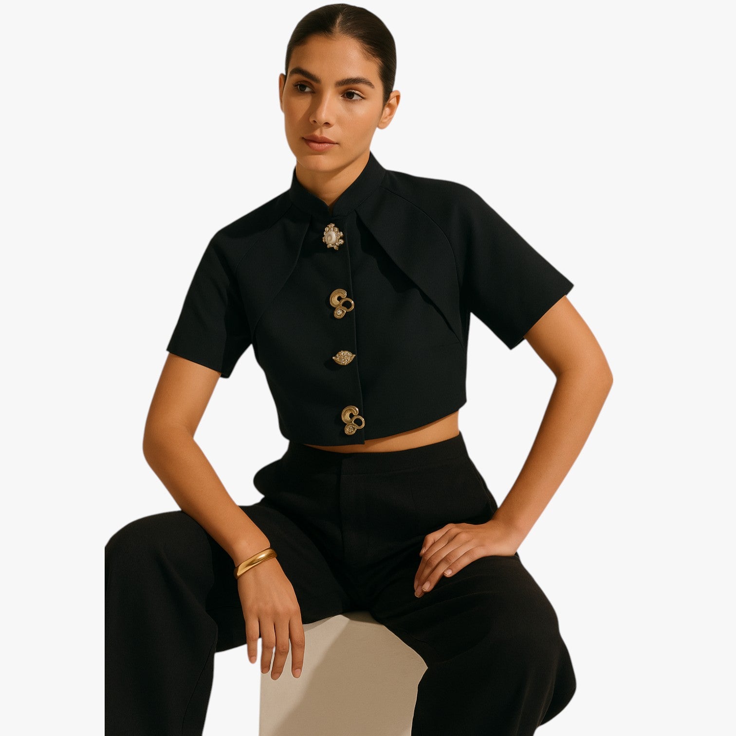 Janella | Camicetta corta decorativa in metallo - - Blouse blouse for women daily casual regular fit short sleeve summer tops white women women's blouse woven fabric - Concept Palermo