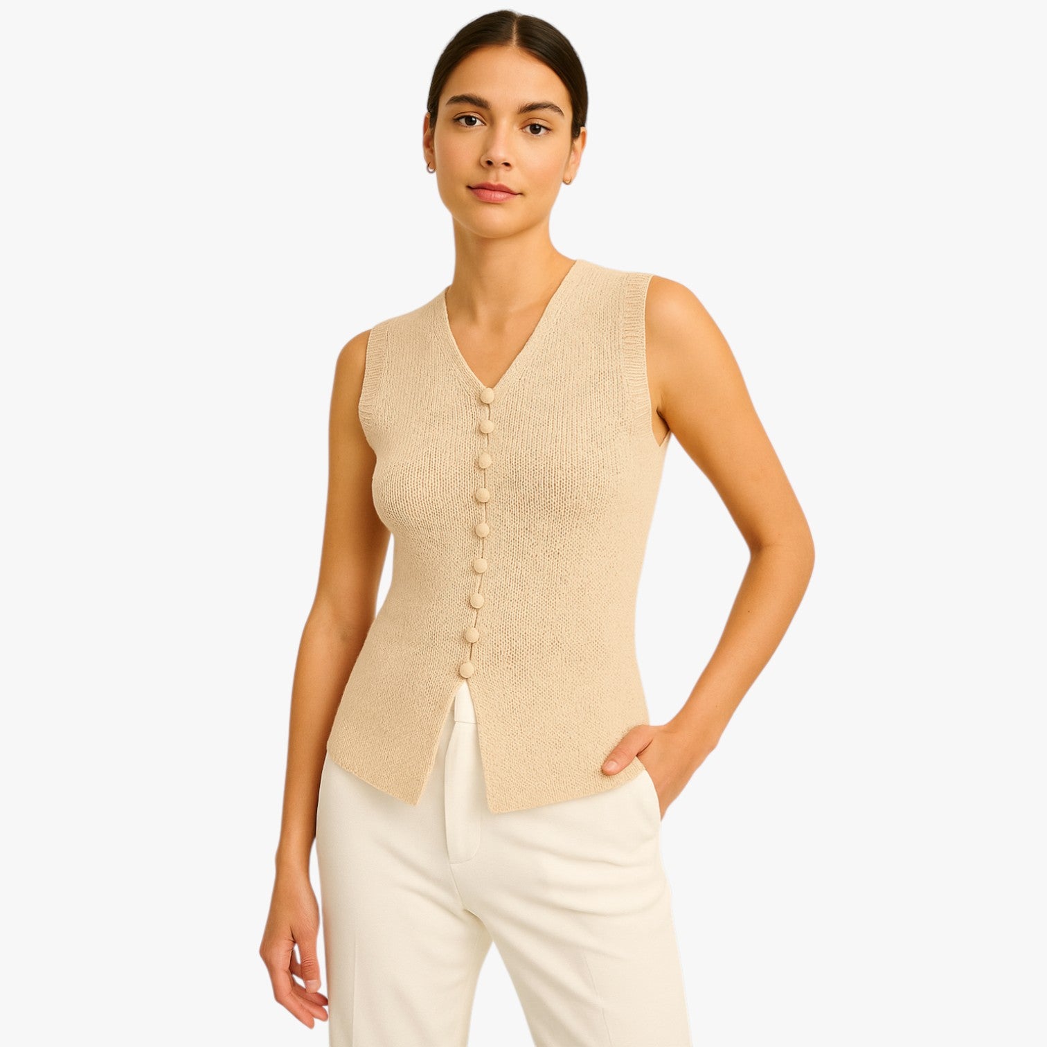 Mara | Maglione girocollo lavorato a maglia con bottoni - - elegant khaki leisure regular regular fit slight stretch spring summer sweaters & cardigans - Concept Palermo