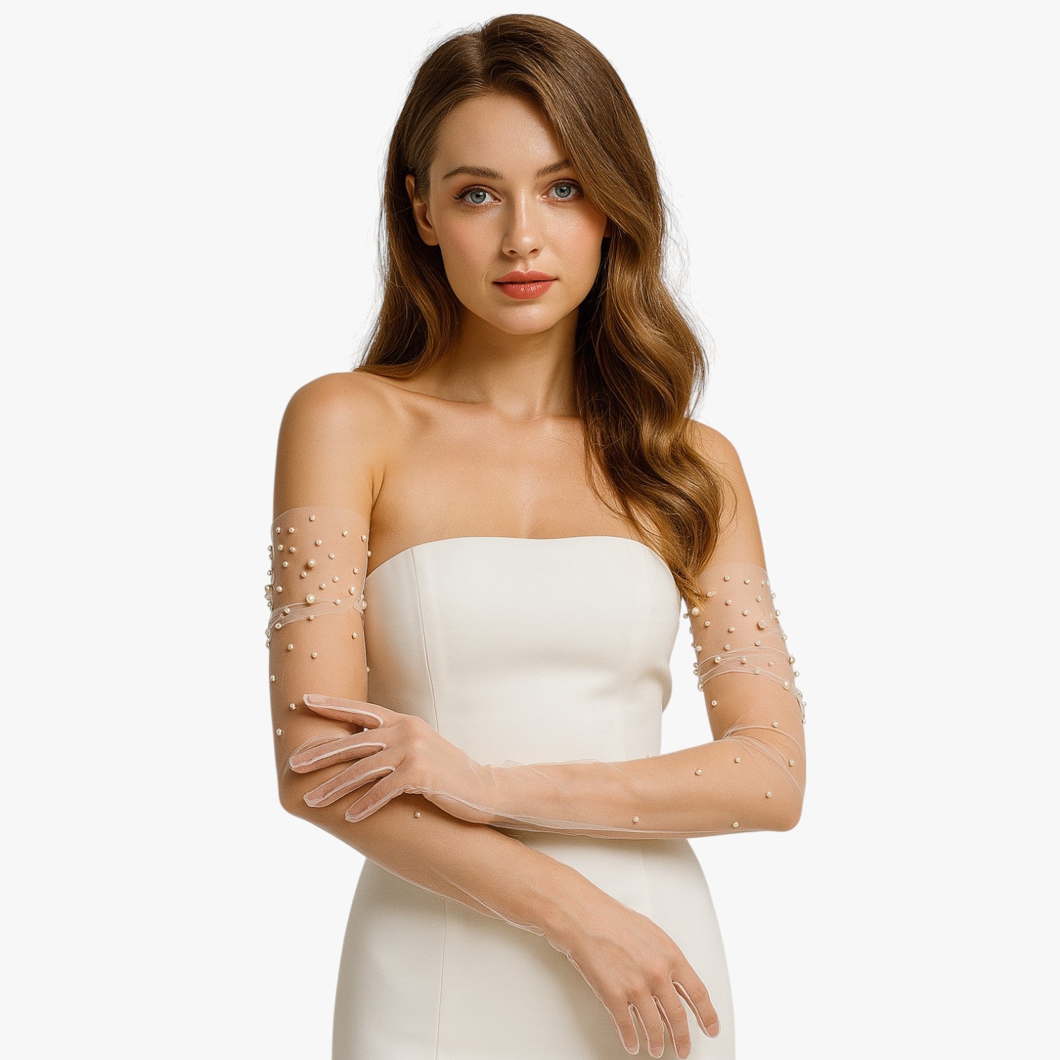 Vivian | Guanti da Sposa Eleganti in Tulle con Perline Raffinatezza Lunga e Leggera - - gloves - Concept Palermo