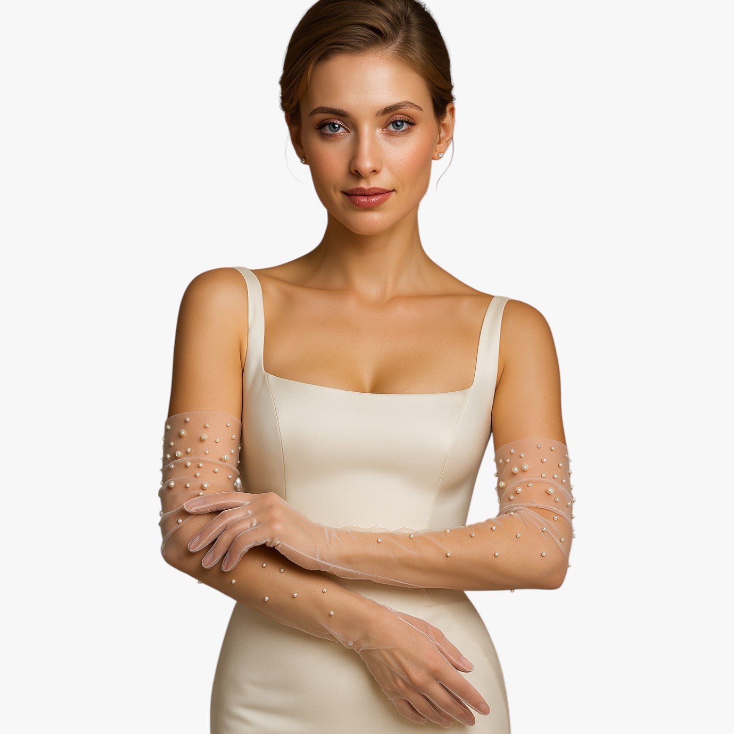 Vivian | Guanti da Sposa Eleganti in Tulle con Perline Raffinatezza Lunga e Leggera - - gloves - Concept Palermo