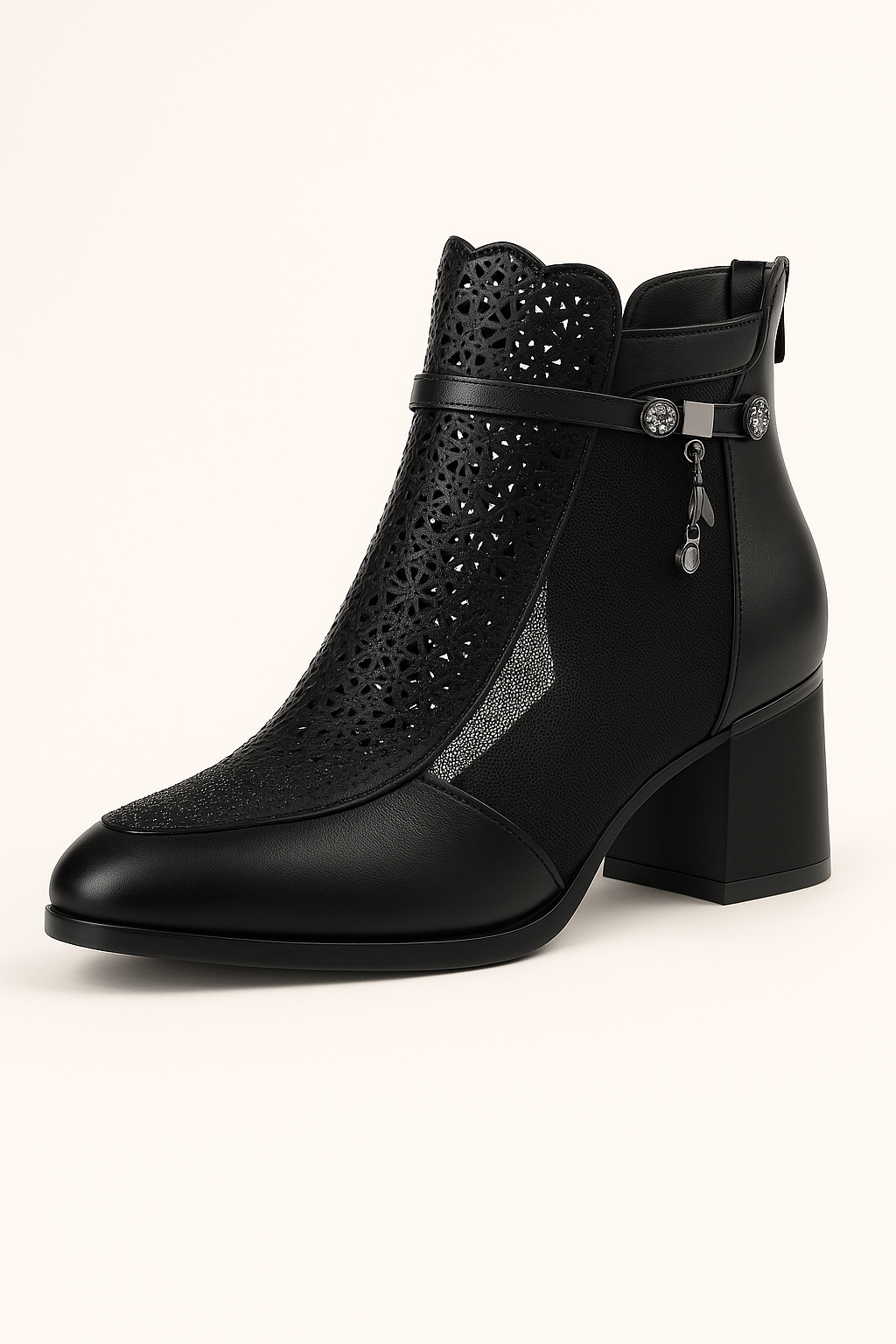 Sabrina | Stivaletti estivi traforati con tacco medio e dettagli gioiello - Nera - BOOTS Boots & Shoes - Concept Palermo