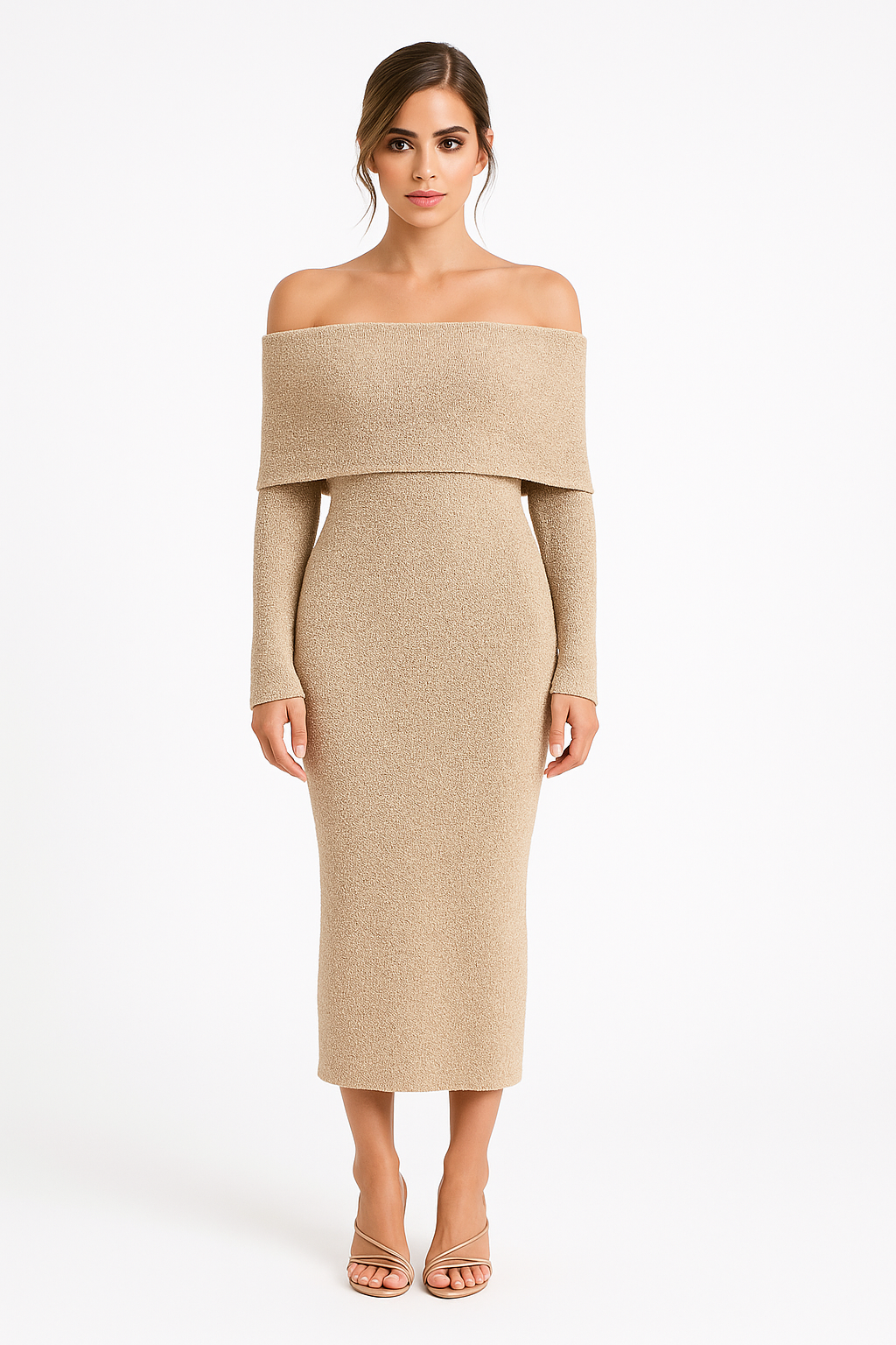 Bridget | Abito midi a maglia bouclé senza spalline in taupe