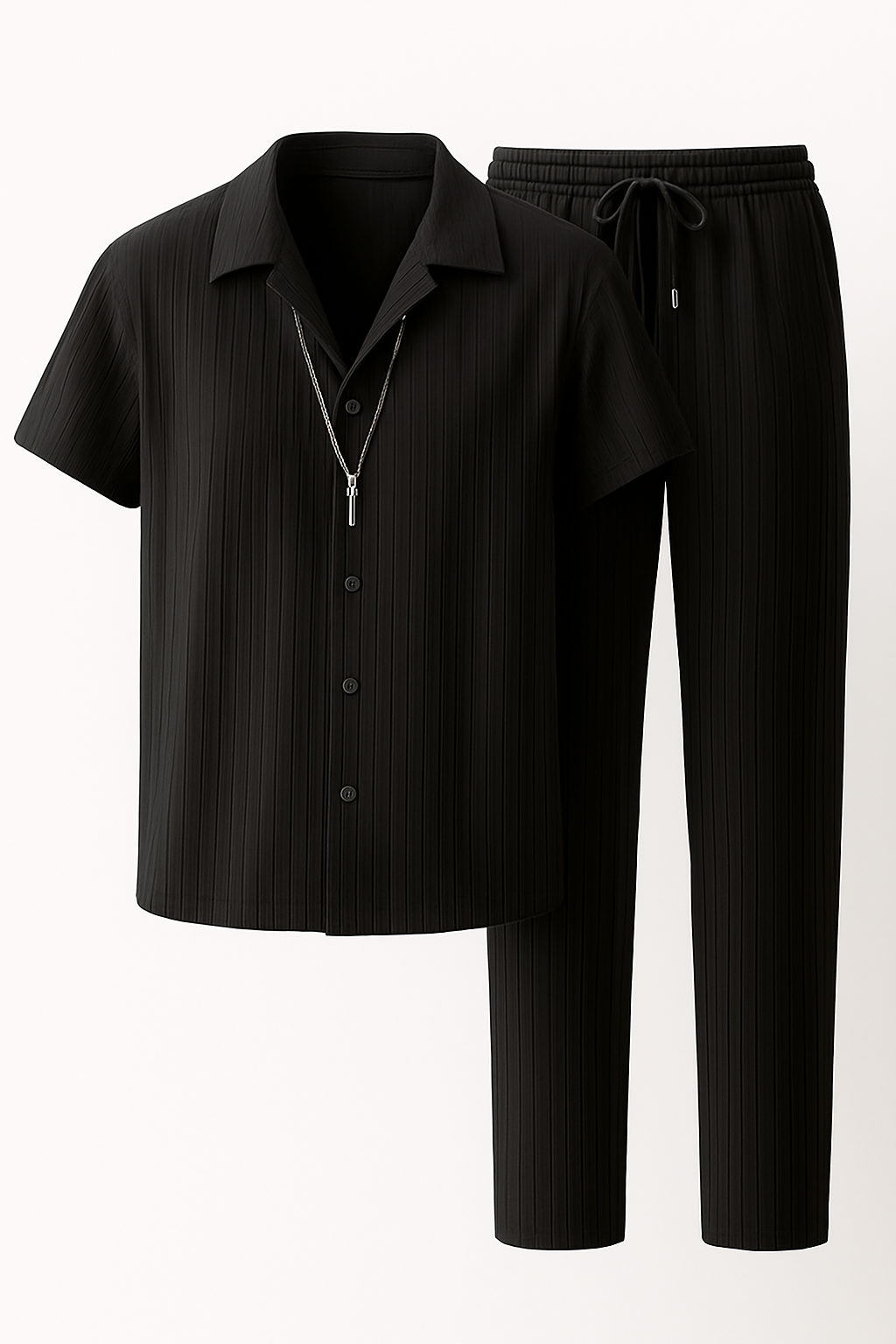 Chester | Completo composto da camicia a maniche corte con bottoni e pantaloni con coulisse abbinati - Nero - suits suits and pants - Concept Palermo