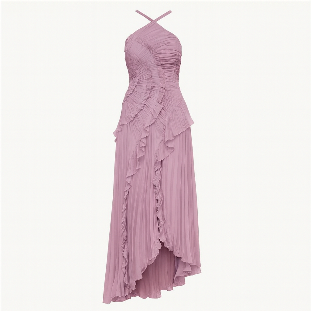 Aurie | Abito Elegante da Donna in Lilla - Lilla - abito elegante abito in lilla design versatile eleganza senza tempo manutenzione facile materiale leggero orlo asimmetrico plissettature artigianali spalline incrociate vestito da donna - Concept Palermo