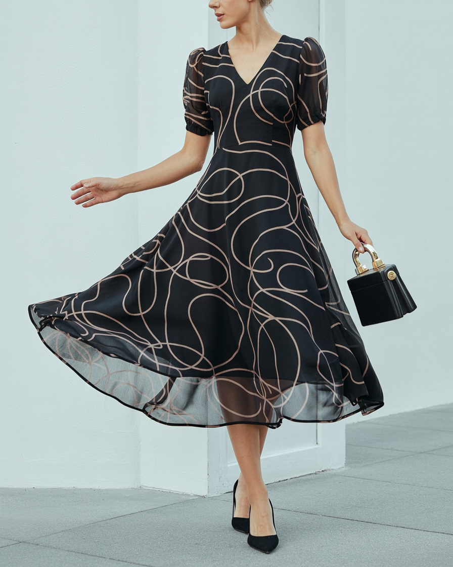 Eliana | Abito Midi Elegante Fluttuante - - abito alla moda abito casual da donna abito comodo per ogni occasione abito con cintura regolabile abito con spacco laterale abito fluttuante abito midi elegante abito V-ausschnitt vestito estivo nero vestito versatile - Concept Palermo