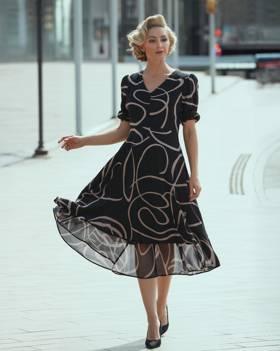 Eliana | Abito Midi Elegante Fluttuante - Nero - abito alla moda abito casual da donna abito comodo per ogni occasione abito con cintura regolabile abito con spacco laterale abito fluttuante abito midi elegante abito V-ausschnitt vestito estivo nero vestito versatile - Concept Palermo