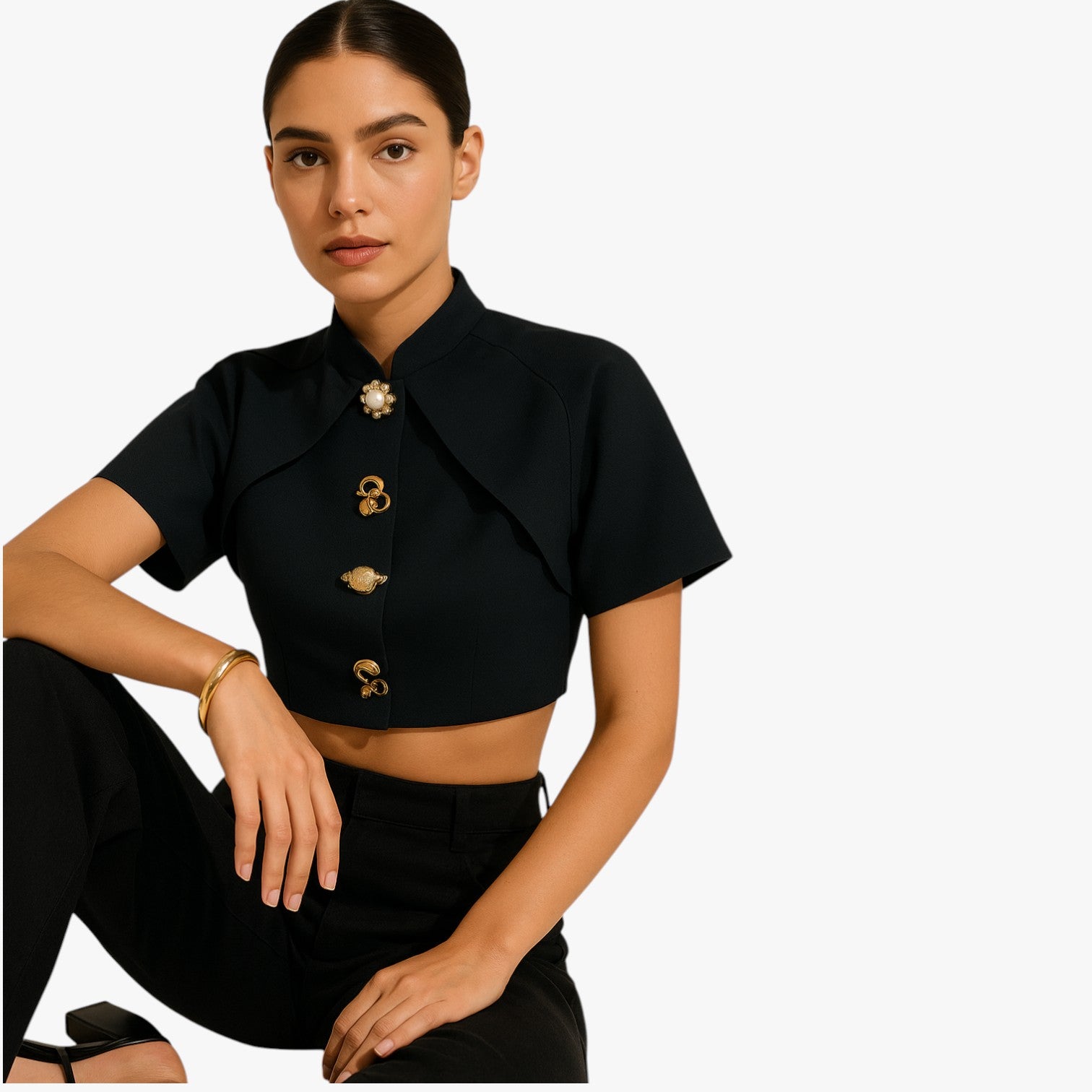 Janella | Camicetta corta decorativa in metallo - - Blouse blouse for women daily casual regular fit short sleeve summer tops white women women's blouse woven fabric - Concept Palermo