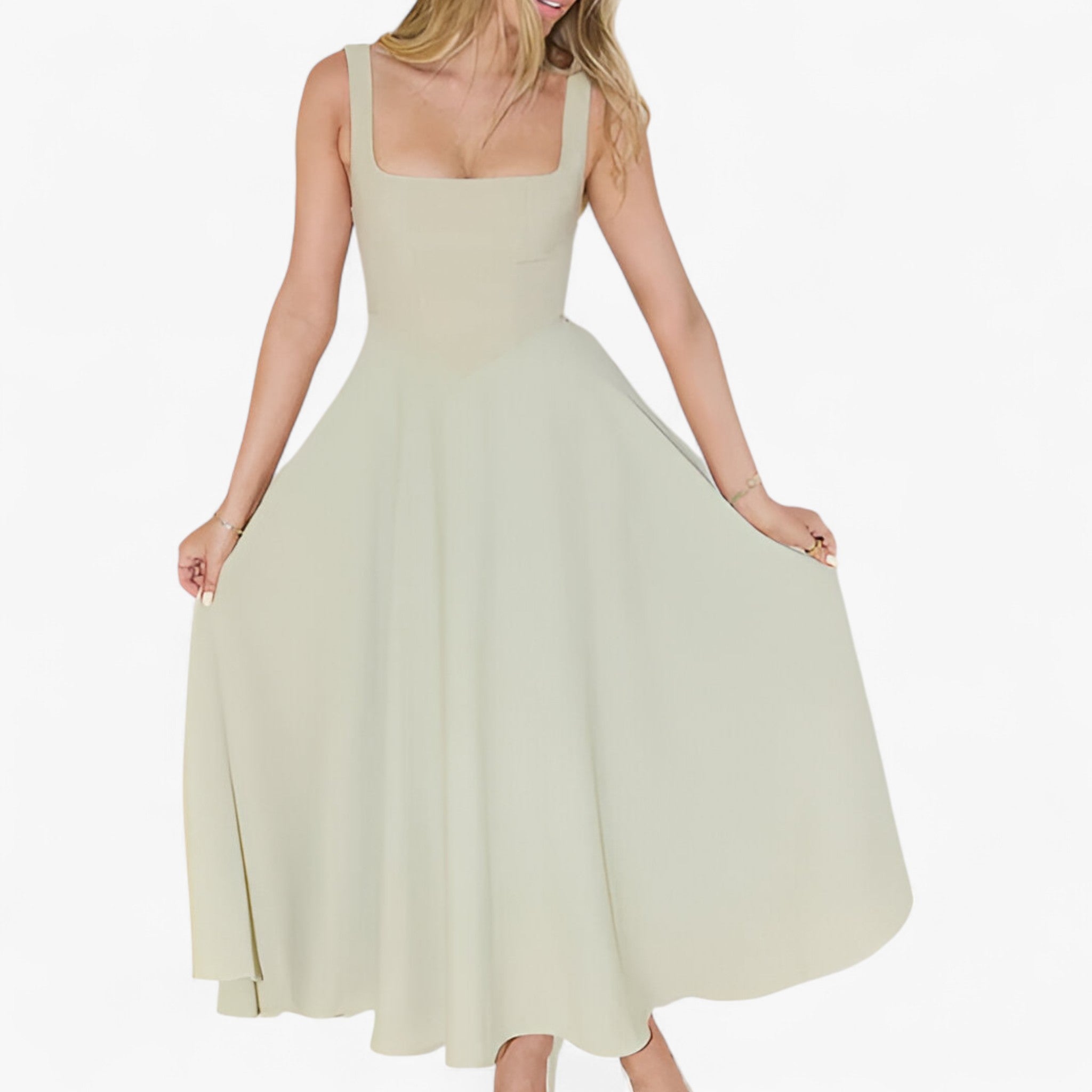 Lilou | Elegante vestito midi - Salvia - bredde stropper kjole elegant midi kjole farverig midi kjole feminine kjole figursyet kjole midirok moderne kjole design romantisk middag kjole sommerbryllup kjole stilfuld kjole - Concept Palermo