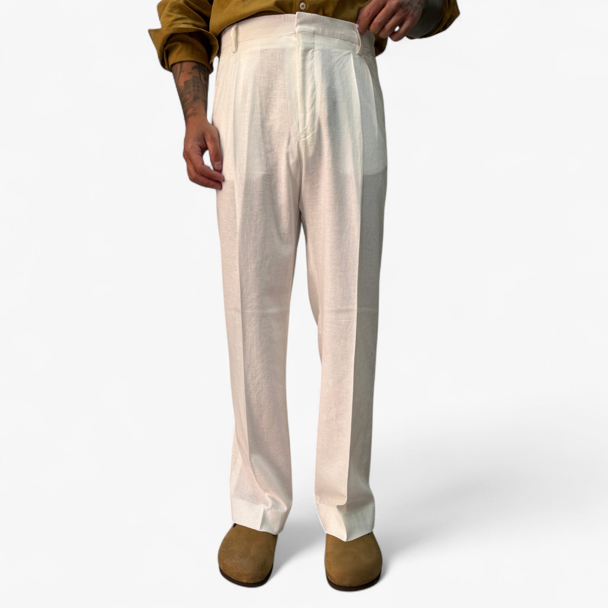 Chris | Pantaloni eleganti da uomo in lino - Bianco - abbigliamento estivo moda maschile pantaloni con doppie pince pantaloni eleganti pantaloni estivi pantaloni in lino pantaloni leggeri pantaloni traspiranti pantaloni uomo stile elegante - Concept Palermo