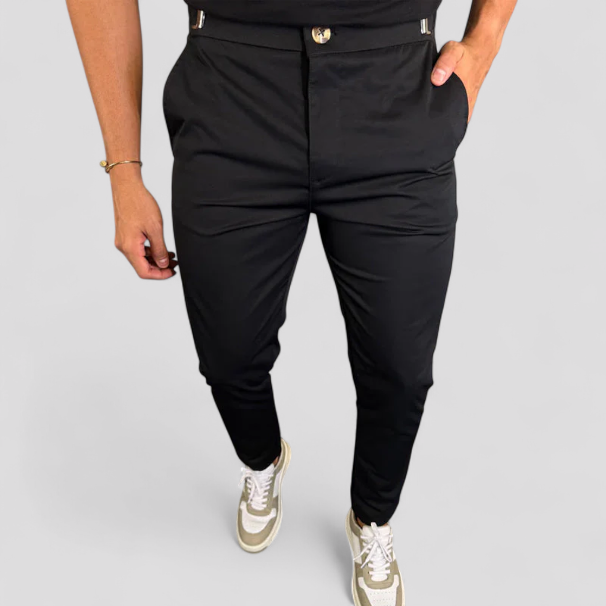Piero | Pantaloni Uomo Slim Fit con Vita Elastica - Nero - pantaloni casual pantaloni comfort pantaloni elastici pantaloni eleganti uomo pantaloni moda uomo pantaloni slim fit pantaloni traspiranti pantaloni versatili - Concept Palermo