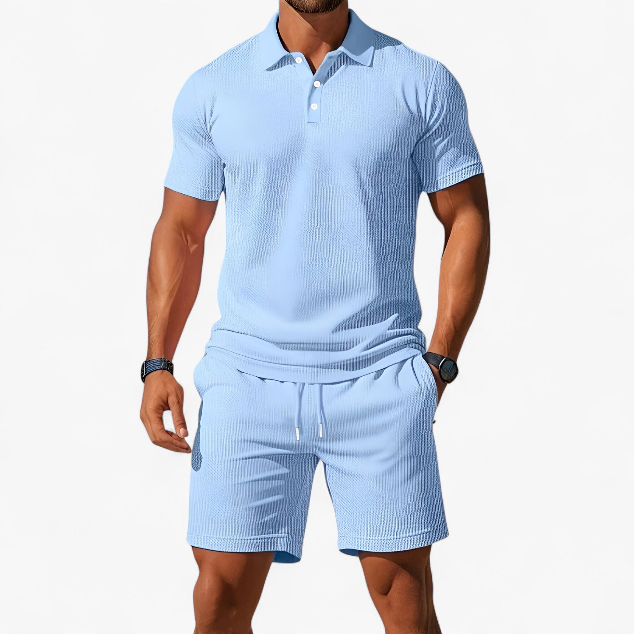 Adrian | Set polo estivo traspirante da uomo - Azzurro chiaro - abbigliamento estivo colori estivi maniche corte polo moda maschile polo di cotone polo per il tempo libero polo slim fit polo uomo estiva stile casual tessuto traspirante - Concept Palermo