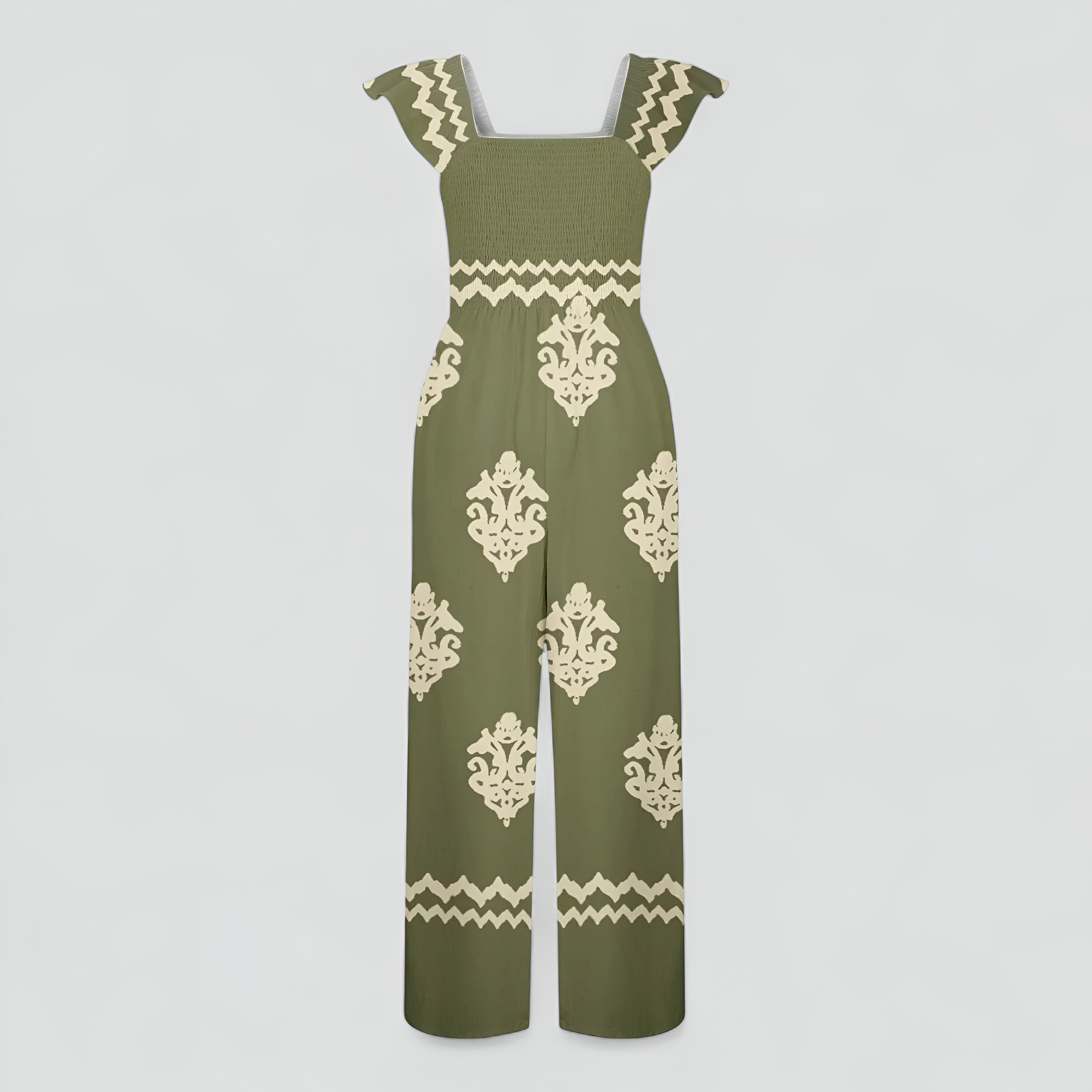 Tonia | Tuta Donna Bohemien a Vita Alta Gamba Larga - verde militare - abbigliamento casual moda estiva stile vintage tuta a vita alta tuta bohemien tuta con maniche a cappuccio tuta donna tuta elegante tuta gamba larga tuta leggera - Concept Palermo
