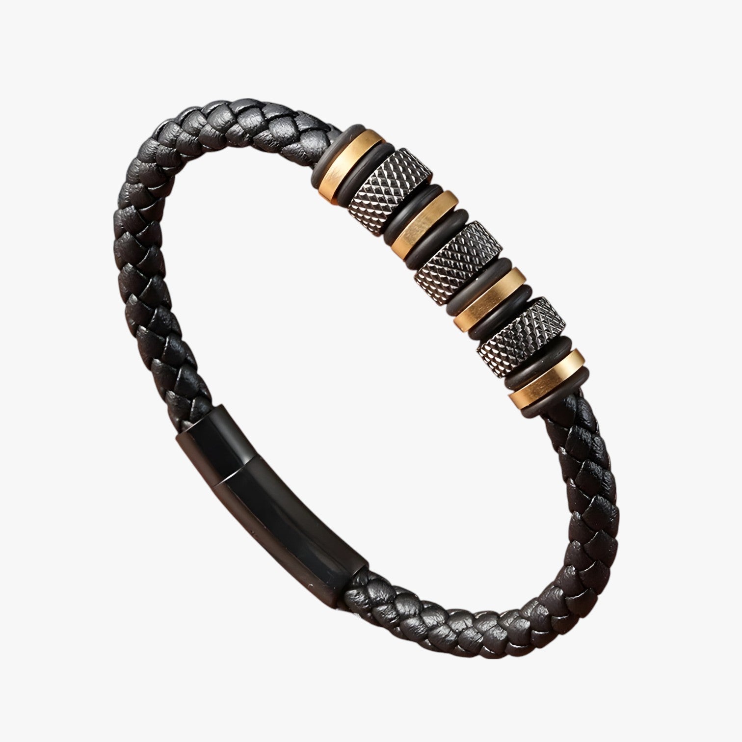 Ryder | Bracciale Uomo in Pelle Intrecciata con Perline in Acciaio - oro 21cm - BRACELET bracelet for men BRACELETS mens bracelet - Concept Palermo