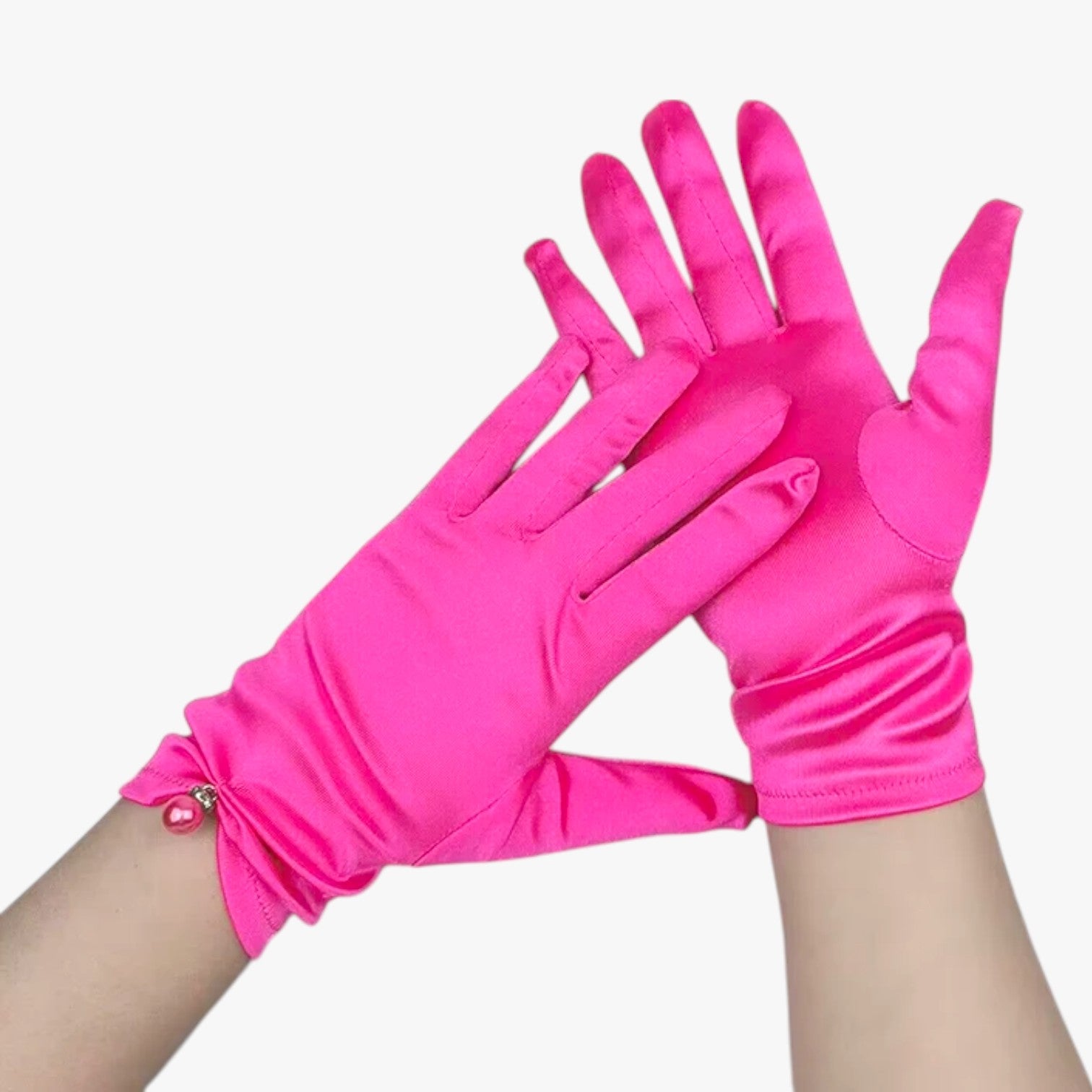 Leila | Guanti Eleganti in Satin con Perle Perfetti per Cerimonie e Occasioni Speciali - Rosso Rosa - gloves - Concept Palermo
