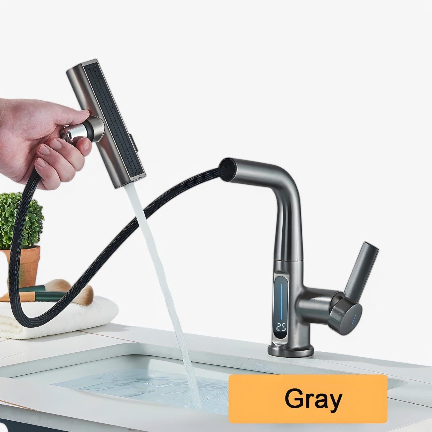 Kirkan | Rubinetto da lavandino – Temperatura digitale e uscita a cascata estraibile - grigio - Home Home & Garden - Concept Palermo