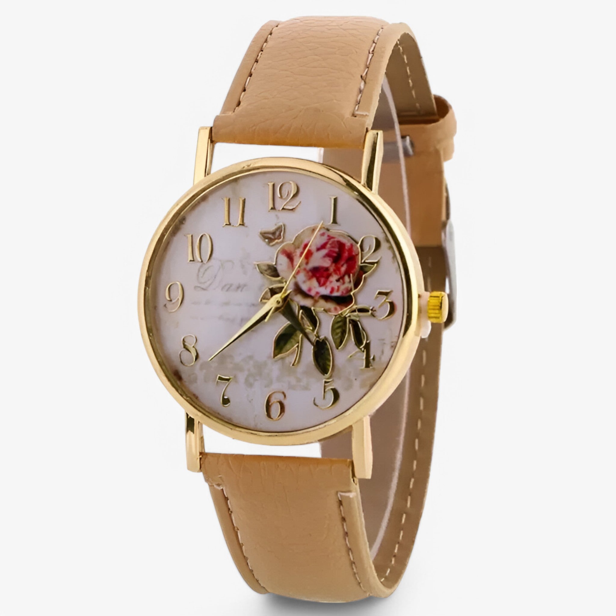 Lara | Orologio elegante con fiore di rosa e cinturino in similpelle - Beige - female watch watch for women - Concept Palermo