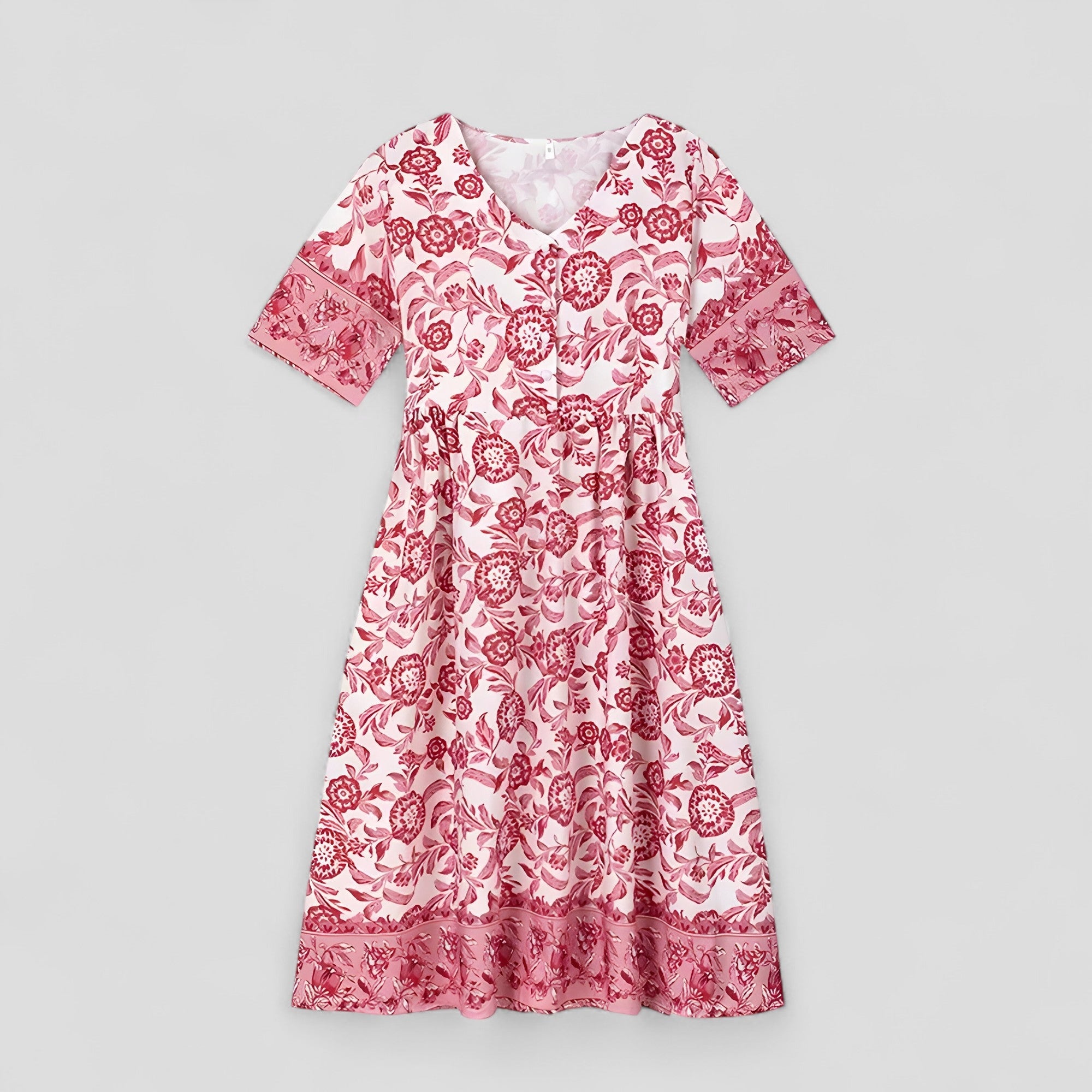 Micola | Abito Estivo Donna Con Stampa Floreale - Rosa - abito elegante abito estivo abito floreale fashion estate moda femminile scollo a V stile estivo tessuto leggero vestito comodo vestito lavabile - Concept Palermo