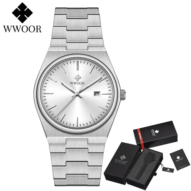 WWOOR Top Brand Luxury VJ32 Quartz Movement Watch for Men 316L Stainless Steel Business Watch Waterproof Luminous Men's Watches - Silver white - - Concept Palermo