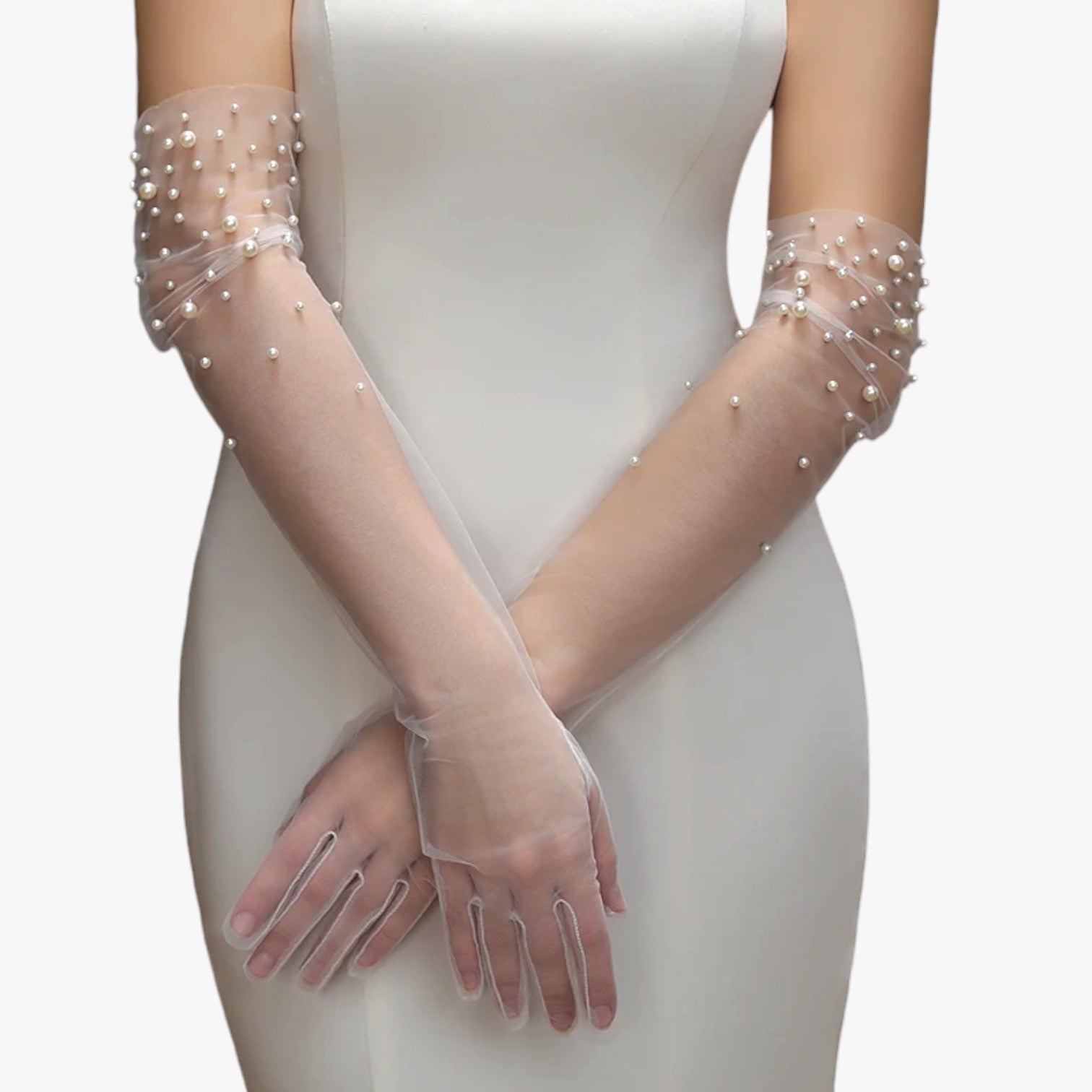 Vivian | Guanti da Sposa Eleganti in Tulle con Perline Raffinatezza Lunga e Leggera - - gloves - Concept Palermo