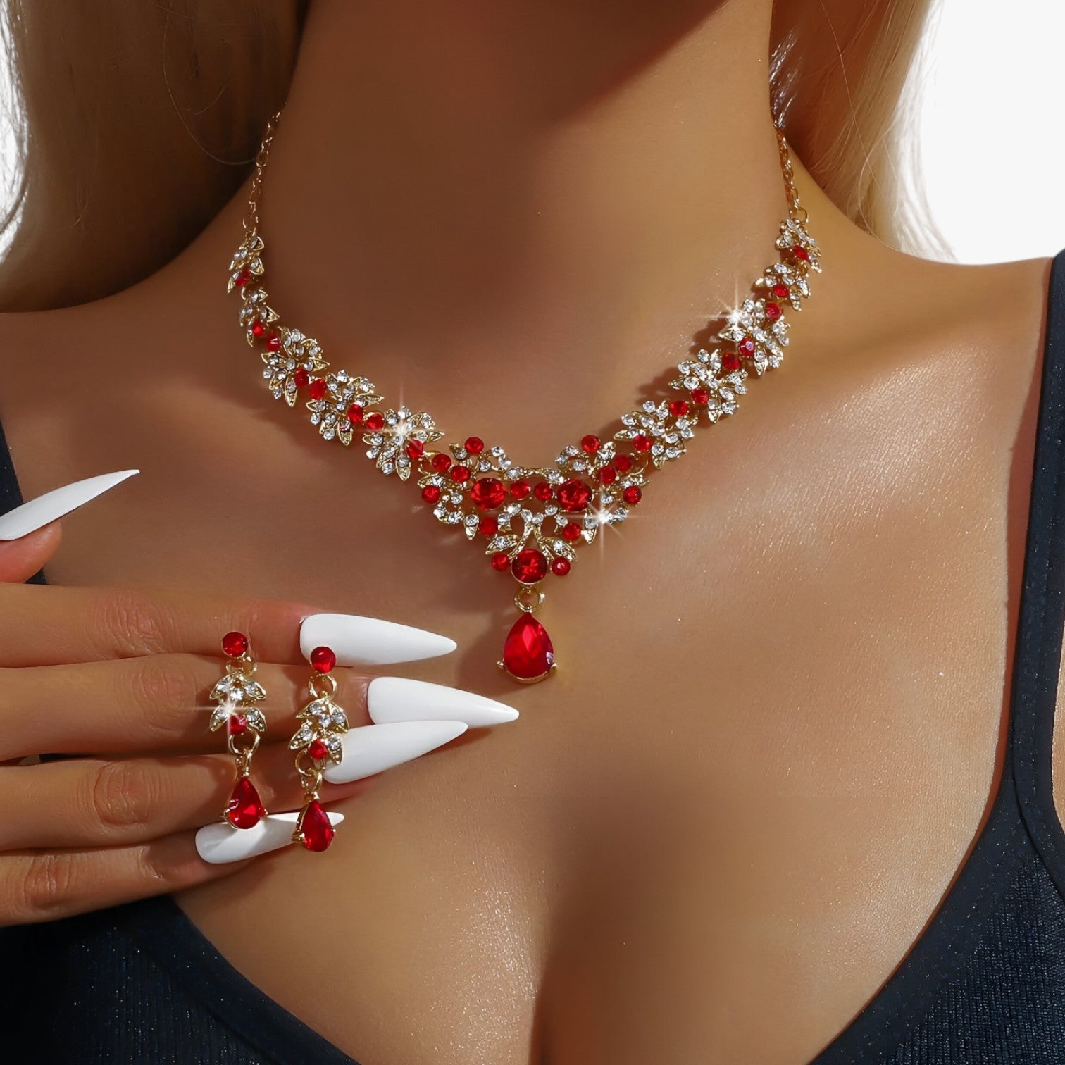 Diana | Elegante set di gioielli in cristallo rosso per matrimoni e feste - Rosso - elegant womens necklaces necklace NECKLACES Necklaces for Women - Concept Palermo