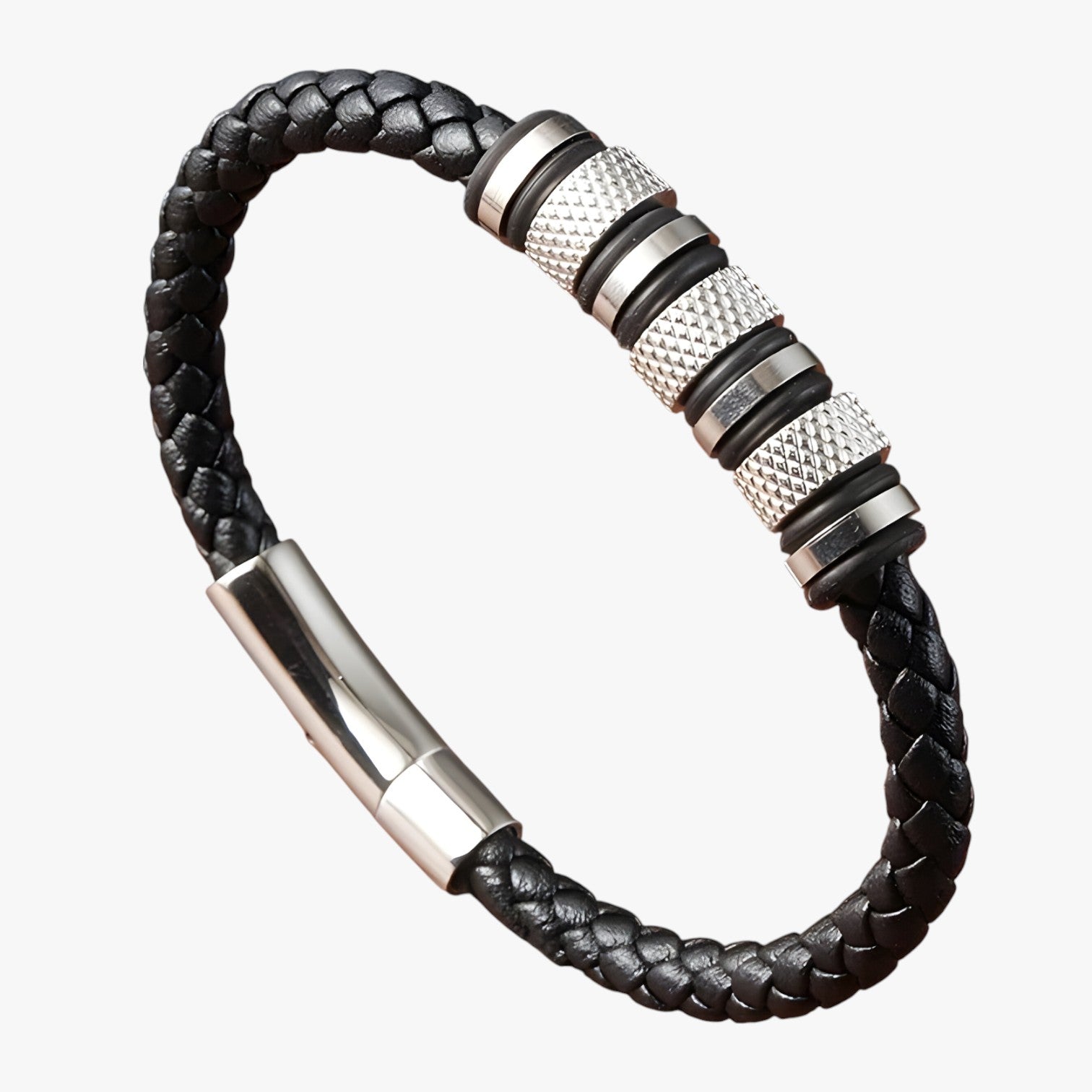 Ryder | Bracciale Uomo in Pelle Intrecciata con Perline in Acciaio - argento 21cm - BRACELET bracelet for men BRACELETS mens bracelet - Concept Palermo