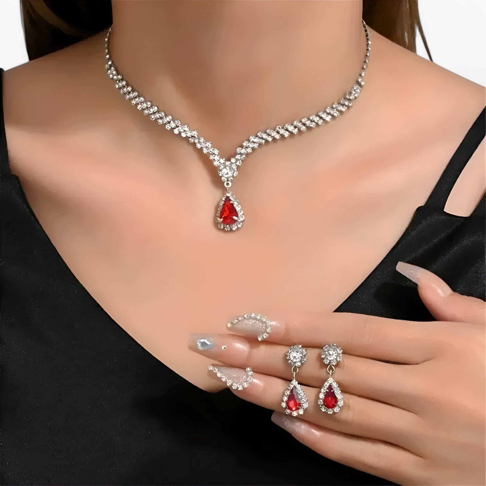 Amanda | Elegante set nozze 2 pezzi - pendente a goccia e orecchini - Argento rosso 2 - necklaces Necklaces for Women WOMEN - Concept Palermo