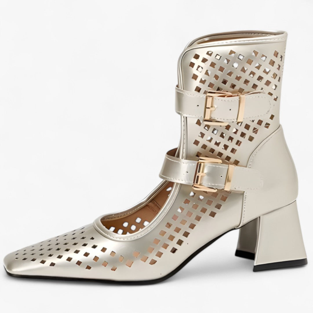 Mira | Stivali estivi con tacco grosso e dettagli in rete traforata - Oro - shoes - Concept Palermo