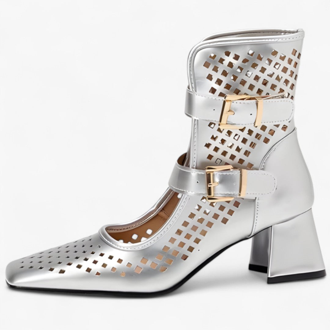 Mira | Stivali estivi con tacco grosso e dettagli in rete traforata - Argento - shoes - Concept Palermo