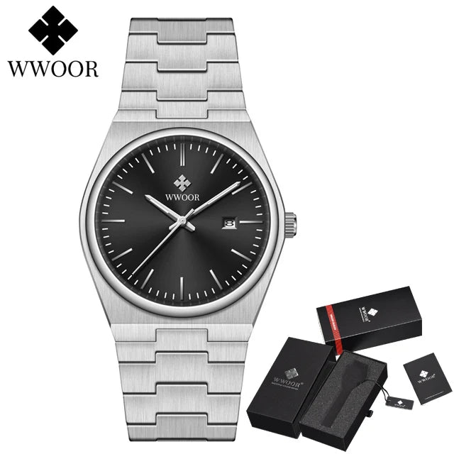 WWOOR Top Brand Luxury VJ32 Quartz Movement Watch for Men 316L Stainless Steel Business Watch Waterproof Luminous Men's Watches - Silver black - - Concept Palermo