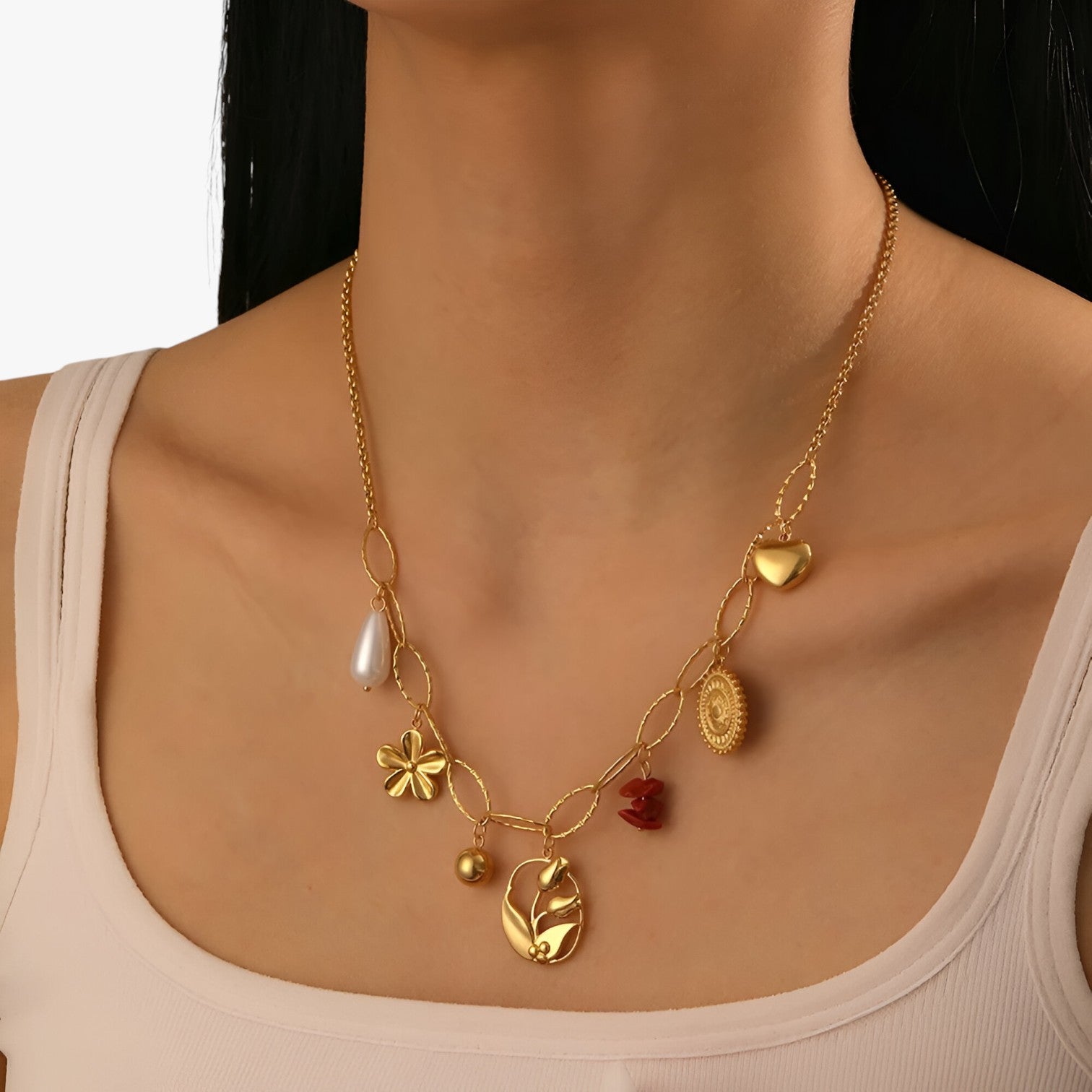 Bailey | Collana elegante con ciondoli cuore e tulipano. - - elegant womens necklaces necklace NECKLACES Necklaces for Women - Concept Palermo