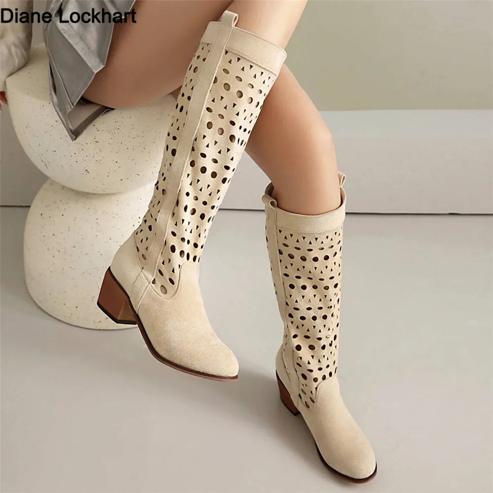 Été femmes mi-mollet bottes talons creux Cowboy bottes occidentales pour les femmes printemps automne mode Faux daim Botas Mujer Beige rose