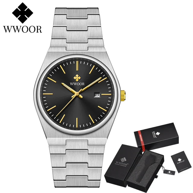 WWOOR Top Brand Luxury VJ32 Quartz Movement Watch for Men 316L Stainless Steel Business Watch Waterproof Luminous Men's Watches - Silver black gold - - Concept Palermo
