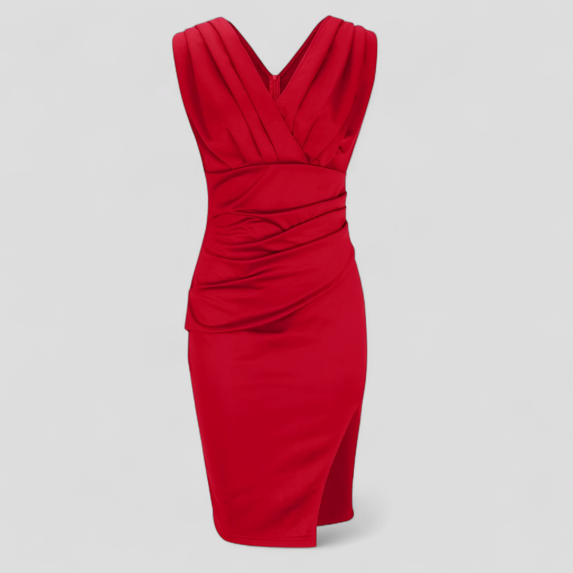 Aldina | Abito Elegante con V-Hals per Cerimonia Donna - Rosso - abbigliamento chic abiti da gala abito affusolato abito elegante abito in tessuto morbido abito per occasioni speciali moda donna elegante vestito con V-hals vestito sensualità ed eleganza vestito versatile - Concept Palermo