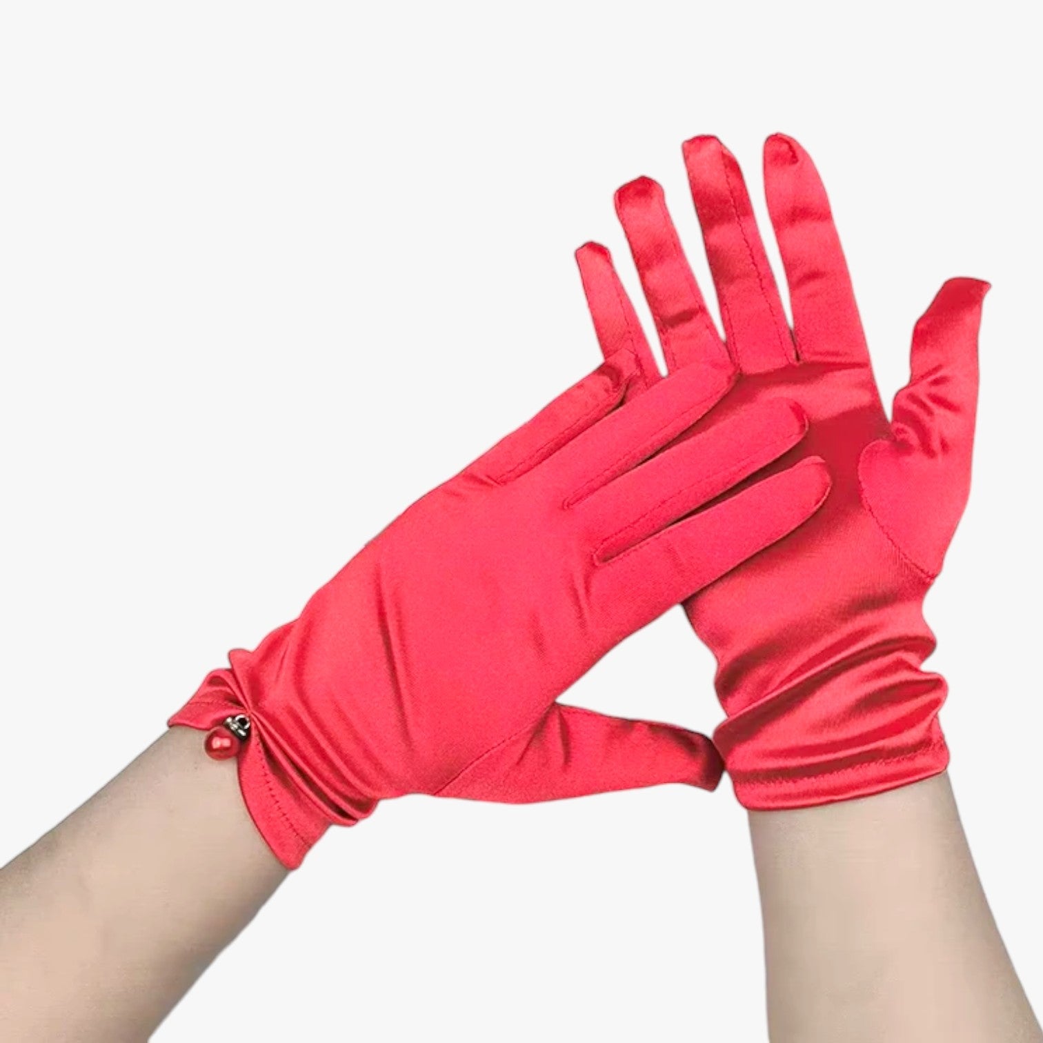 Leila | Guanti Eleganti in Satin con Perle Perfetti per Cerimonie e Occasioni Speciali - Rosso - gloves - Concept Palermo