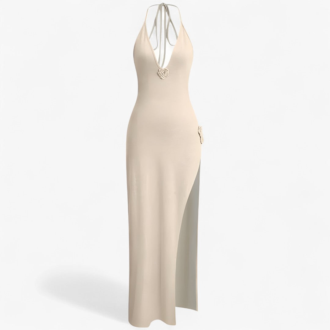 Isabella | Abito lungo in maglia con rosetta – Eleganza scolpita in morbida crema - Beige - Dresses female dress Maxi Dresses - Concept Palermo