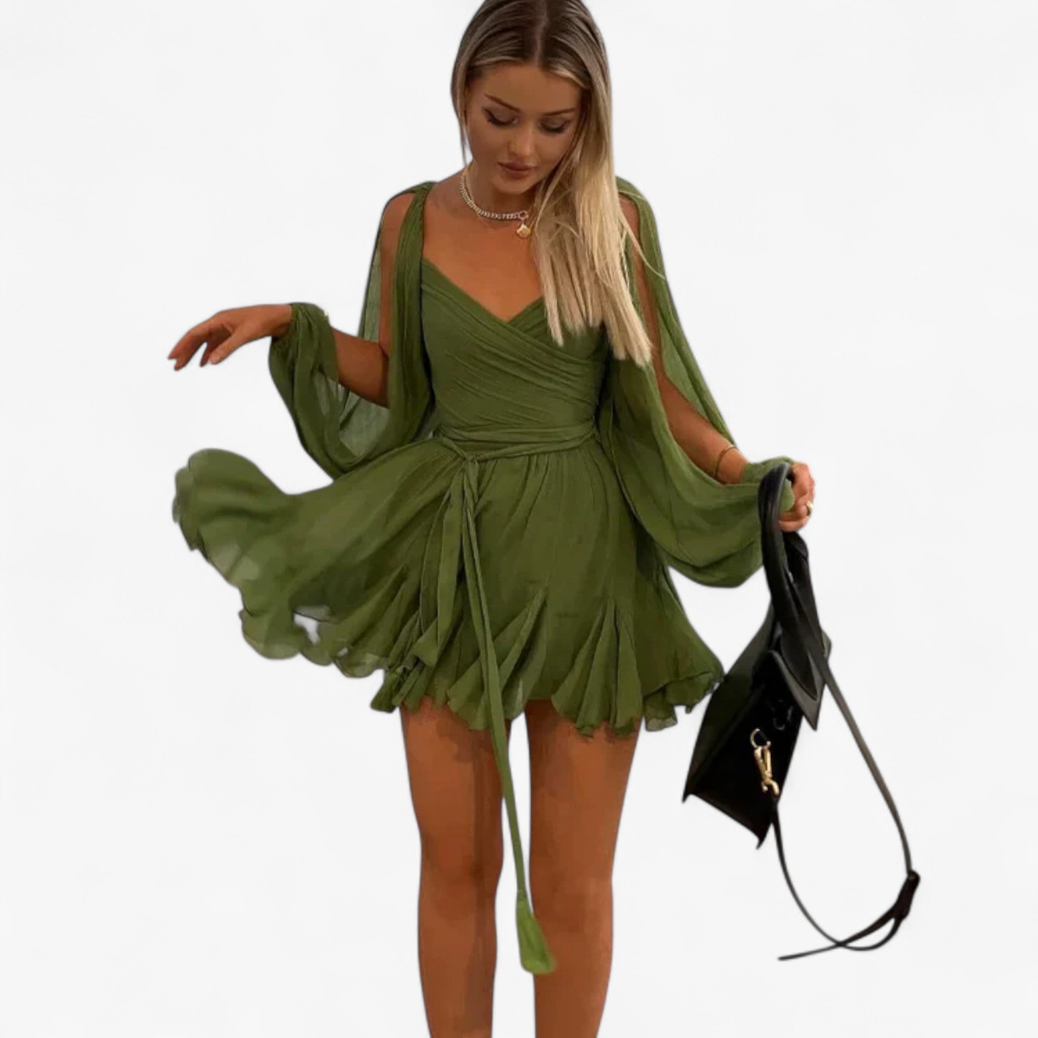 Mini abito plissettato verde sexy con maniche lunghe e scollo a V - - casual dresses DRESS female dress Mini Dresses - Concept Palermo