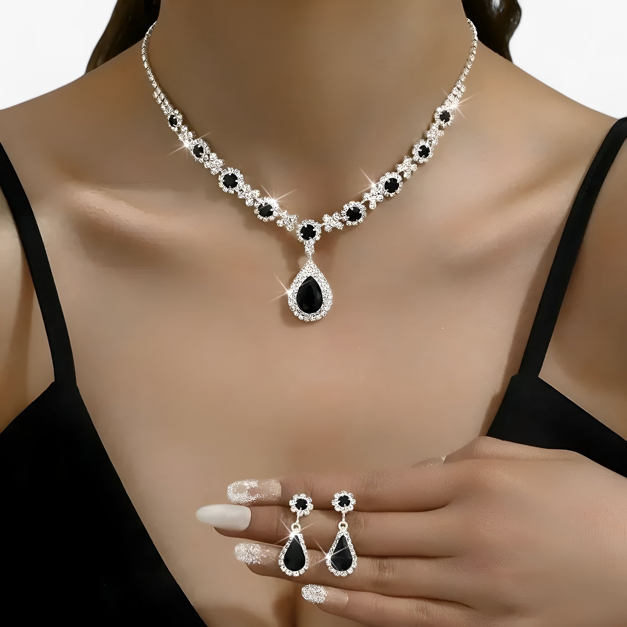 Amanda | Elegante set nozze 2 pezzi - pendente a goccia e orecchini - Nero 2 - necklaces Necklaces for Women WOMEN - Concept Palermo