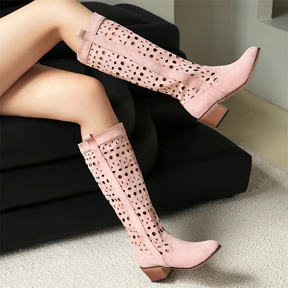 Été femmes mi-mollet bottes talons creux Cowboy bottes occidentales pour les femmes printemps automne mode Faux daim Botas Mujer Beige rose