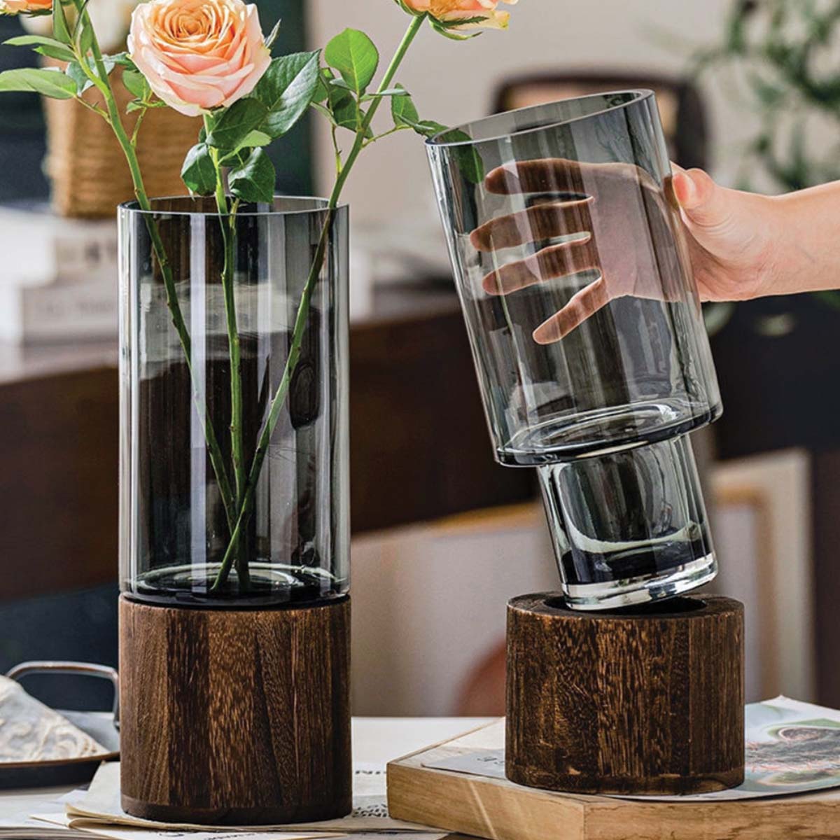 Vaso Elegante in Vetro e Legno con Design di Fiori | Bellissime Decorazioni per la Tua Casa - - Decor Flowerpots Kitchen Vases - Concept Palermo