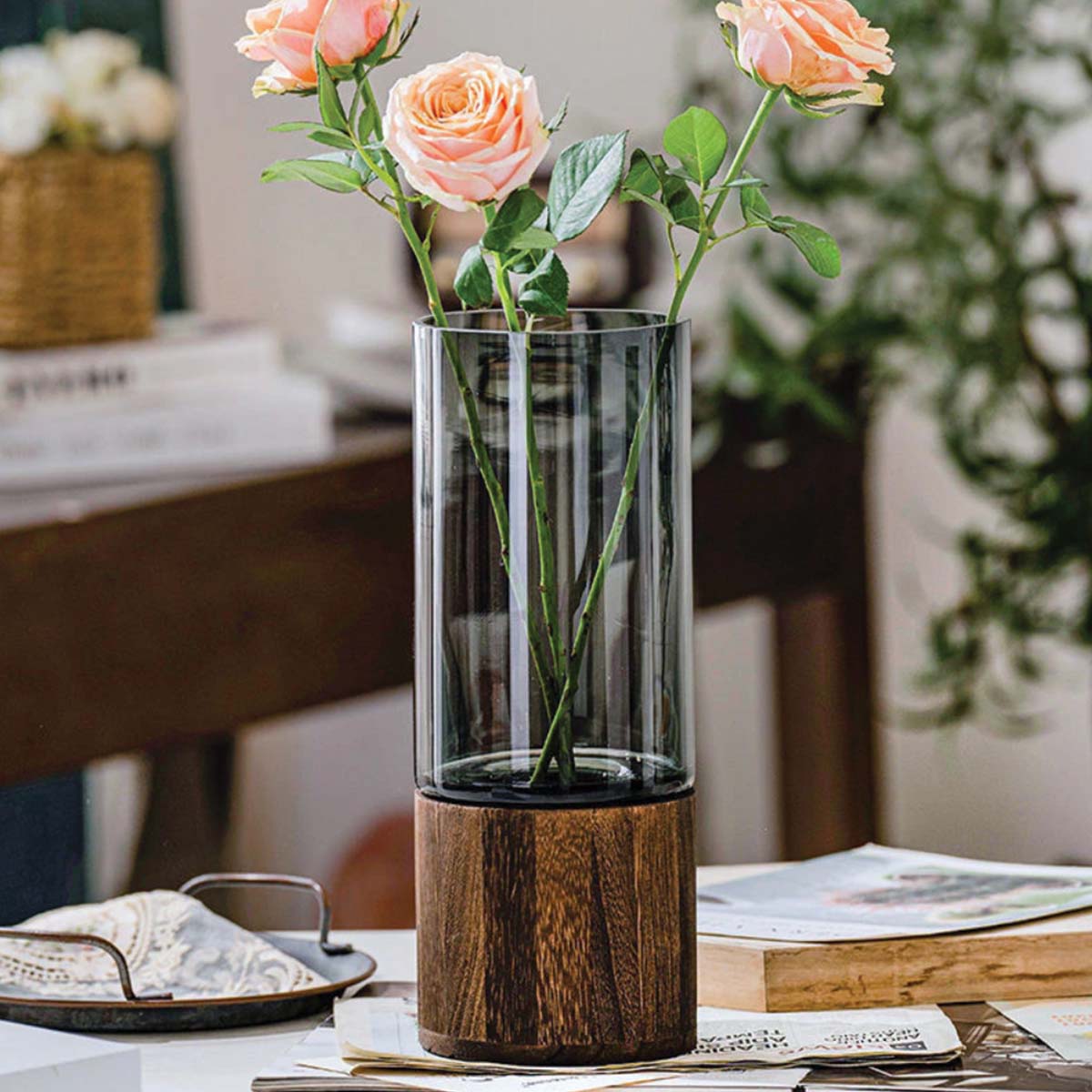 Vaso Elegante in Vetro e Legno con Design di Fiori | Bellissime Decorazioni per la Tua Casa - - Decor Flowerpots Kitchen Vases - Concept Palermo