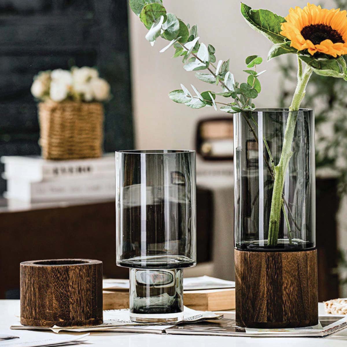 Vaso Elegante in Vetro e Legno con Design di Fiori | Bellissime Decorazioni per la Tua Casa - - Decor Flowerpots Kitchen Vases - Concept Palermo